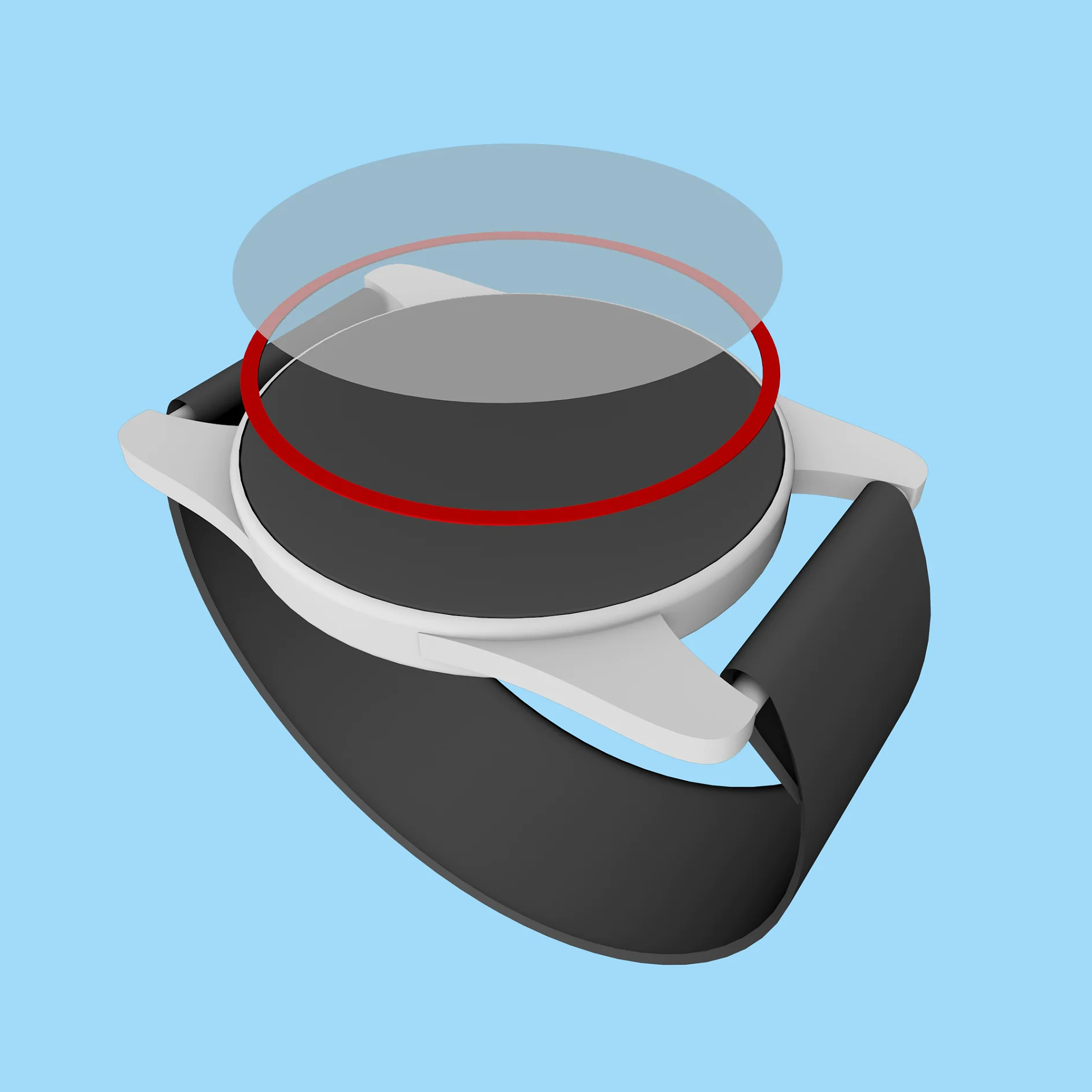 The cover (the lens) of a smartwatch must be bonded to the housing with the utmost precision during the manufacturing process. The tape (red) has to meet a wide range of requirements, providing high adhesive strength, shock resistance, and resistance to chemical substances.