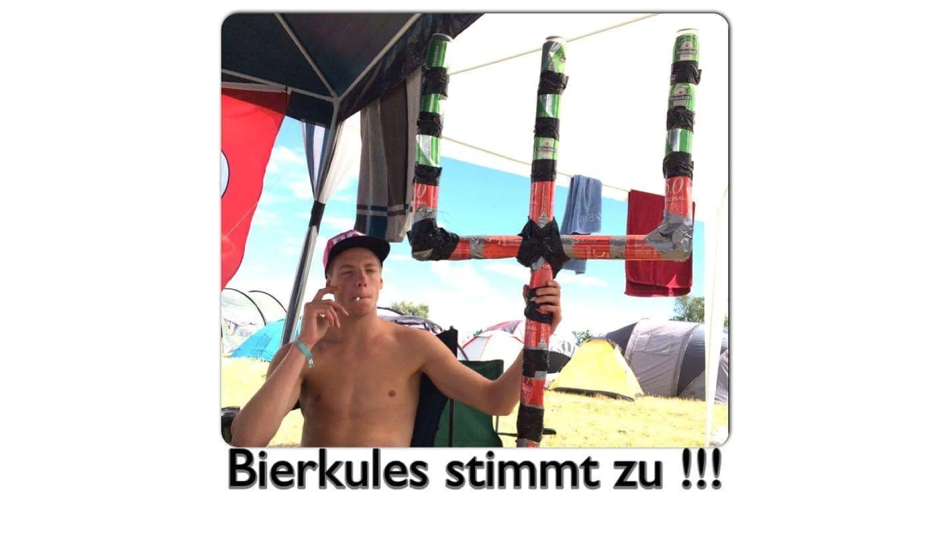 A shirtless person in a cap sits at a campsite with tents in the background, holding a trident made from cans held together with tesa tape. The text below reads Bierkules stimmt zu !!!. (This text has been generated by AI)