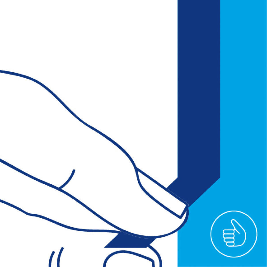 Illustration of a hand holding a dark blue rectangular card by the corner. A thumbs-up icon is visible in the bottom right corner within a blue circle made with tesa tape. (This text has been generated by AI)