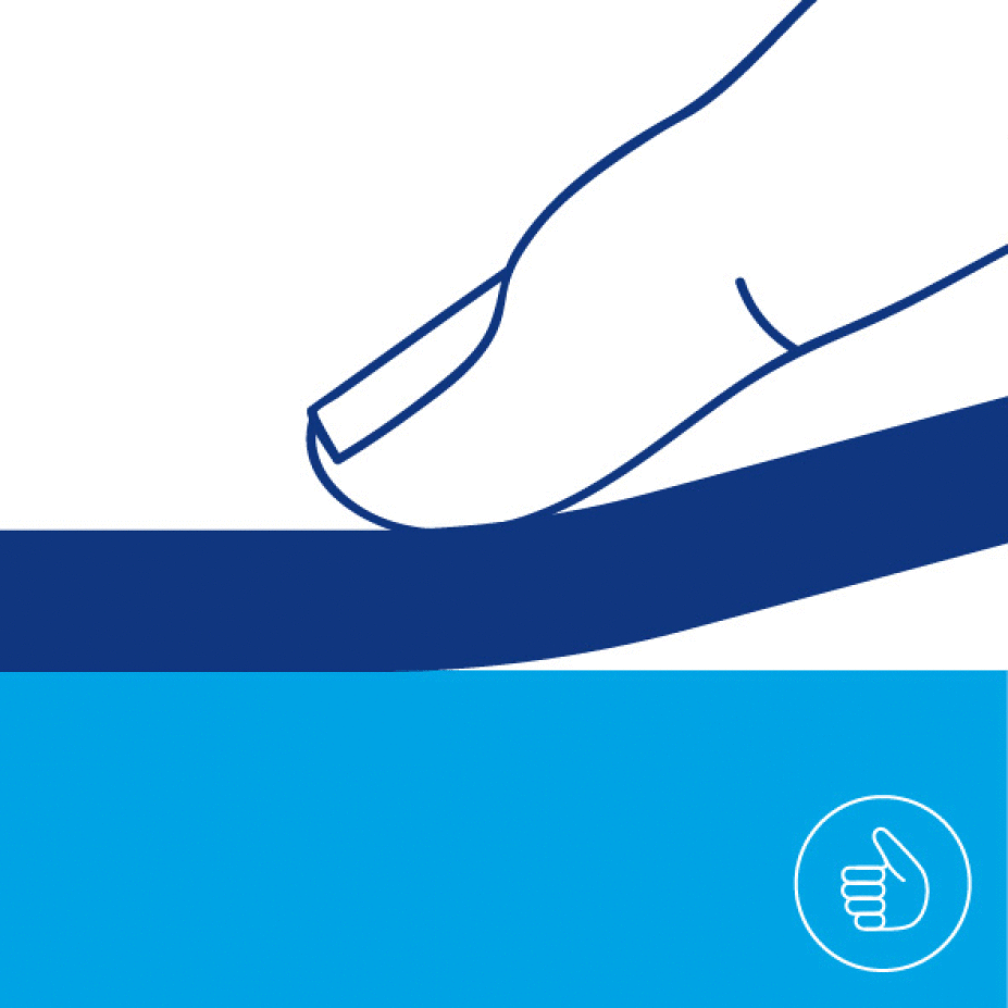 Illustration of a finger pressing a flexible surface downward. The surface bends under the pressure. A thumbs-up icon is in the bottom right corner. The image uses a blue and white color scheme, with tesa tape as an integral part of the design. (This text has been generated by AI)