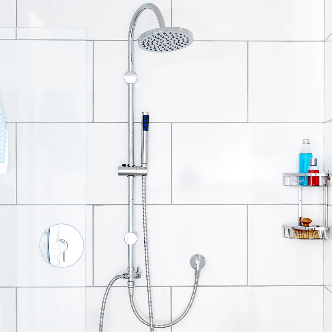 Store your shower supplies close to you: all in one place and out of your way at the same time.