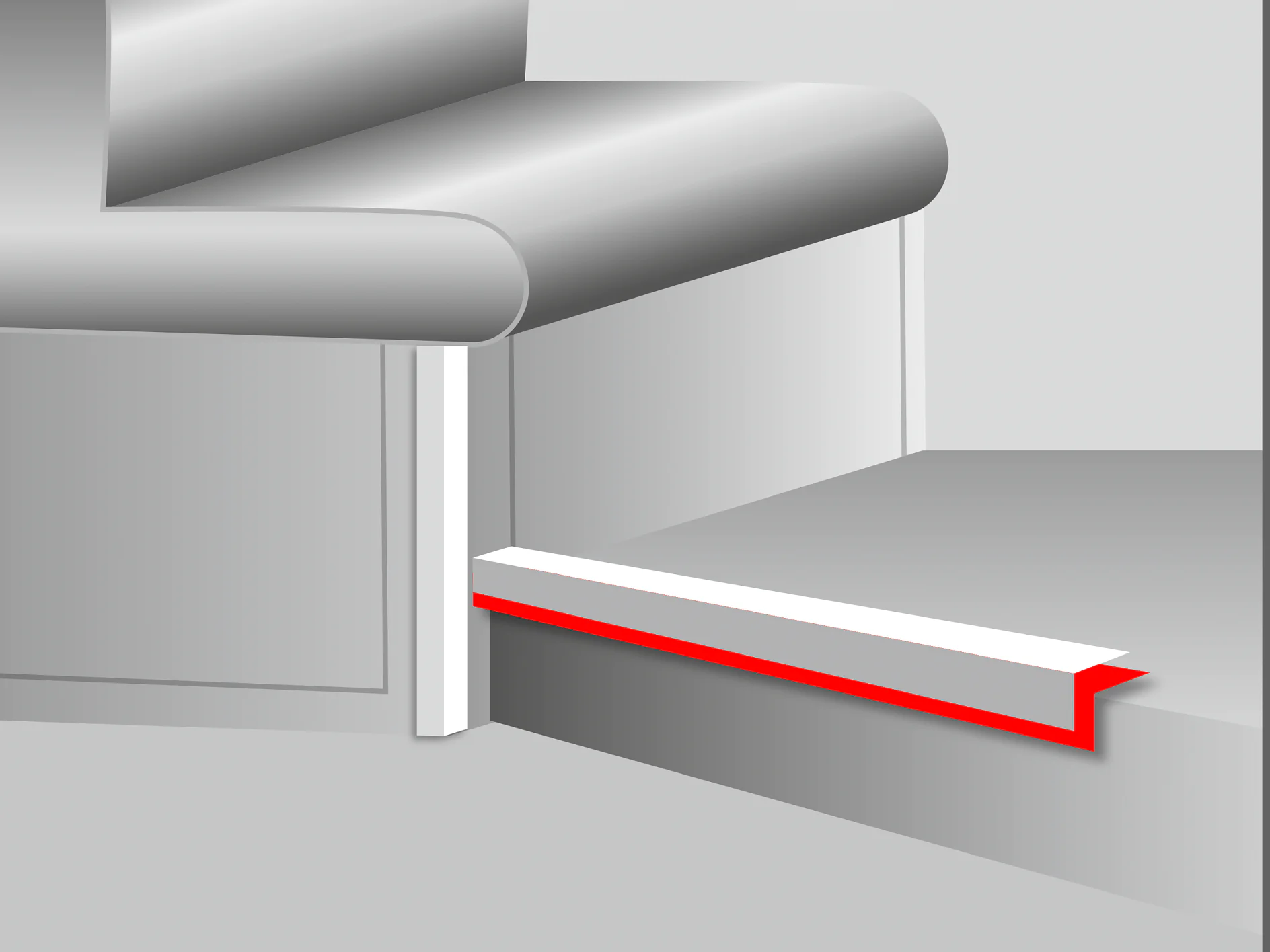 Illustration of a cross-section view showing a chair intersecting a wall with a red and white lip protruding from the base, resembling a staircase. The design highlights the structure and base positioning. (This text has been generated by AI)