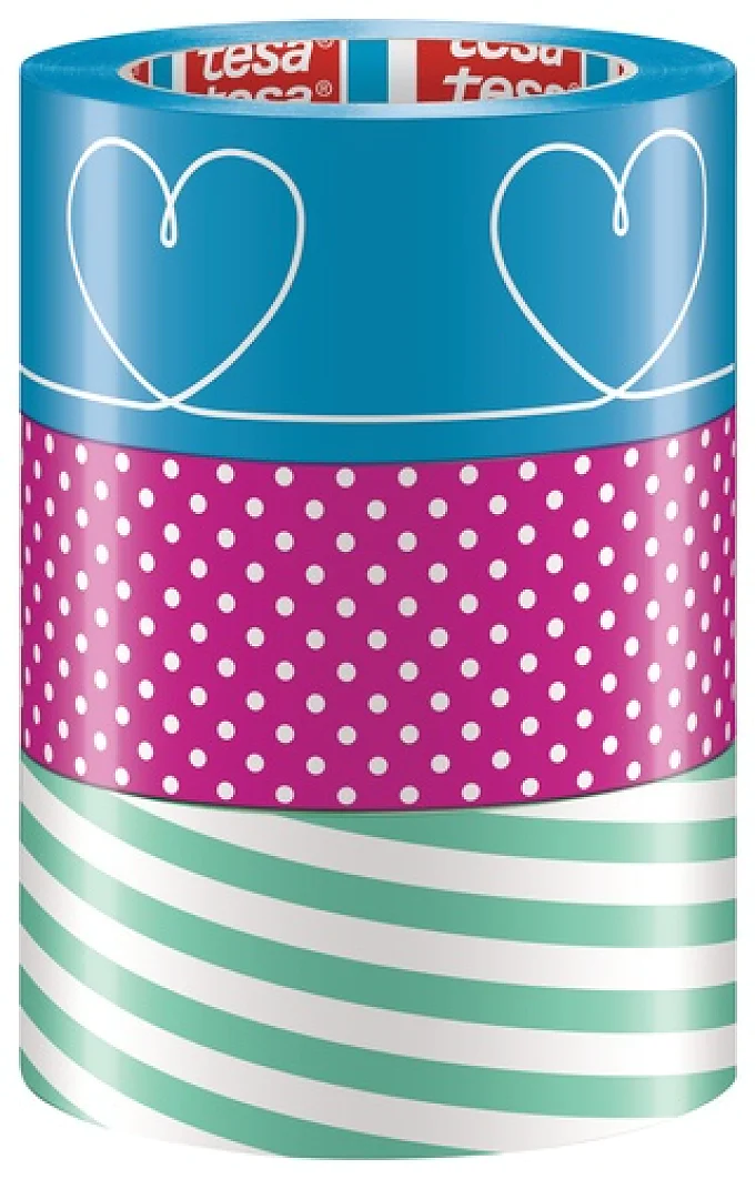 51118 Three rolls of decorative tesa tape stacked vertically. The top roll is blue with white hearts. The middle roll is purple with white polka dots. The bottom roll is mint green with white diagonal stripes. (This text has been generated by AI)