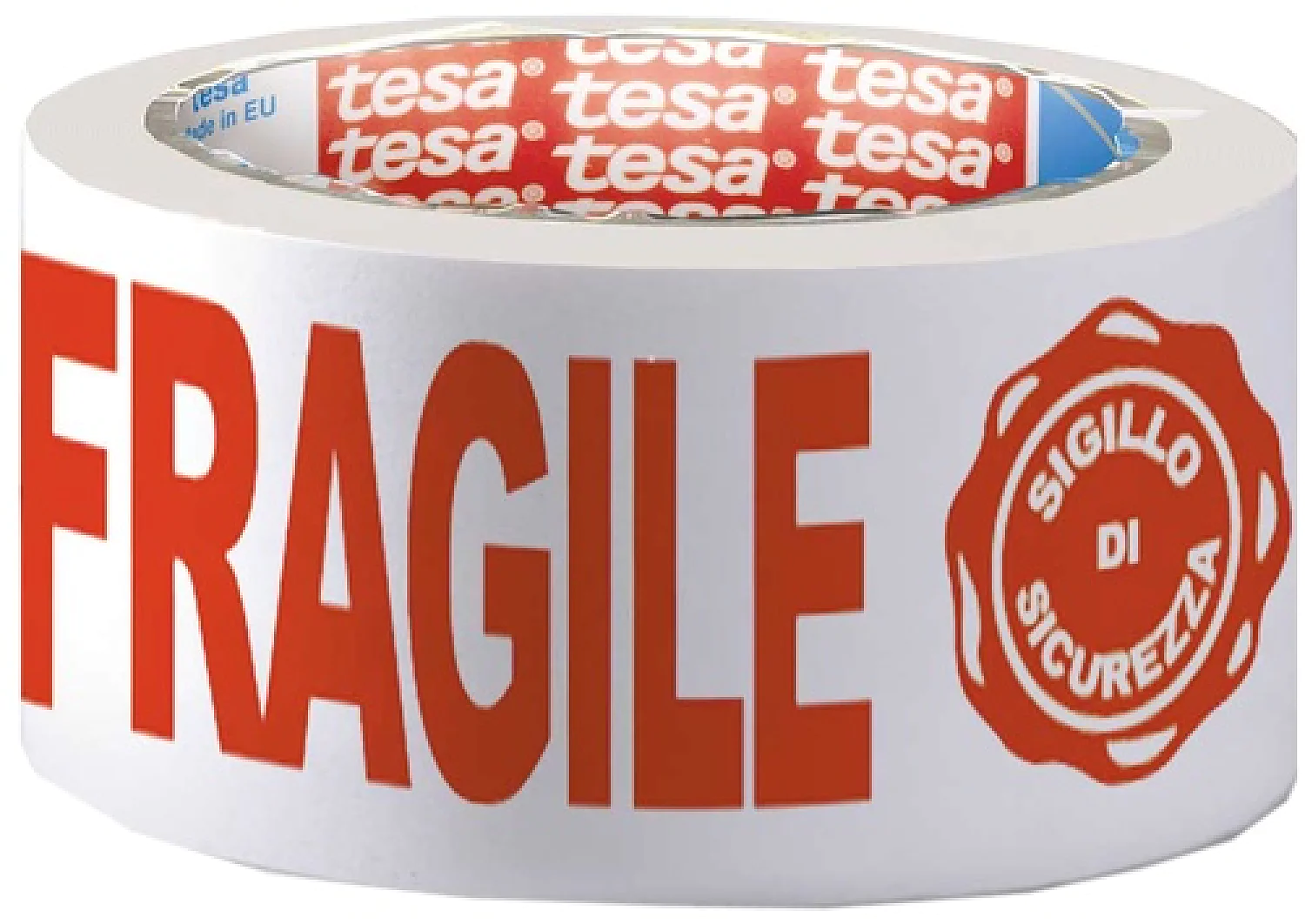 tesa_07024 A roll of white adhesive tesa tape with bold red text that reads FRAGILE in English and SIGILLO DI SICUREZZA in Italian. The inner side of the roll is blue with red branding and the word tesa repeatedly printed. (This text has been generated by AI)