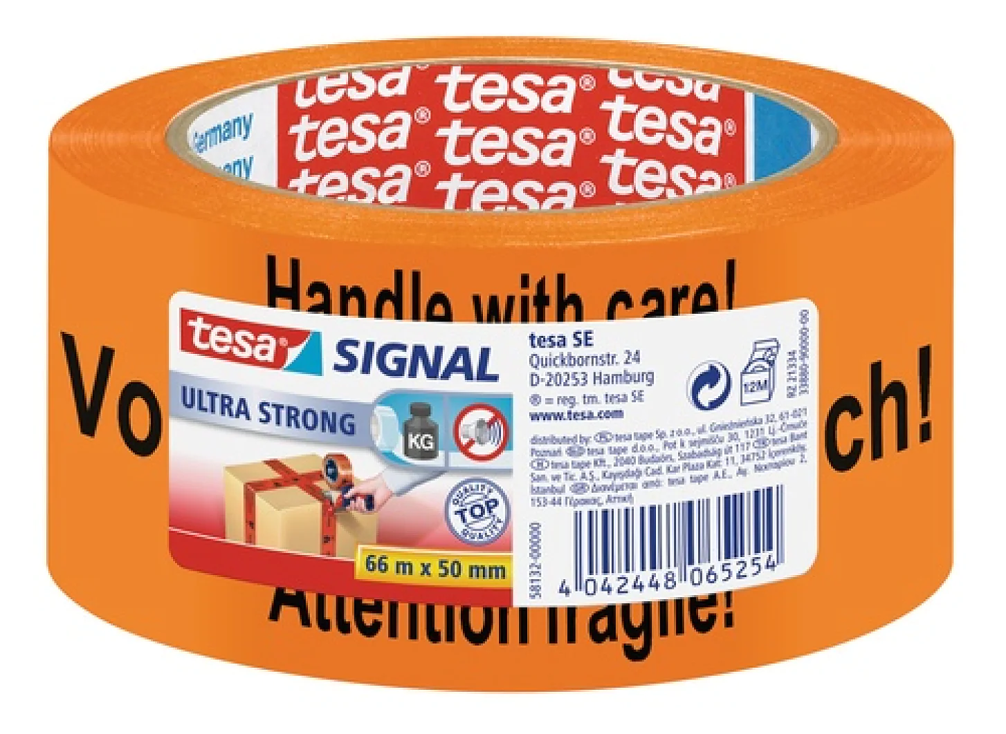 tesa_Signal_58132 Roll of orange packing tesa tape featuring Handle with care! printed in black. The label includes tesa SIGNAL branding, Ultra Strong, and shows a package graphic. Length is 66 m by 50 mm with a Top Tested mark. (This text has been generated by AI)