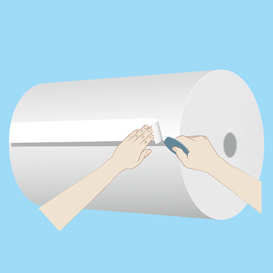 Illustration of two hands cutting a large roll of white paper. One hand holds the paper, while the other uses a box cutter to cut tesa tape. The background is light blue. (This text has been generated by AI)