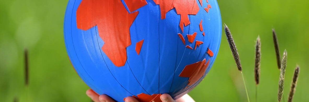 A hand holds a blue inflatable globe with red continents against a blurred green background. Tall grass and seed stalks can be seen on the right side of the image. (This text has been generated by AI)