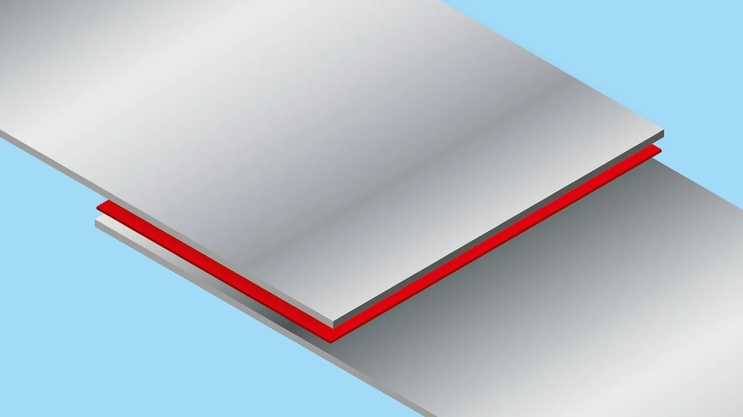 tesa-metal-overlap-splicing-illustration A digital illustration showing two overlapping metallic gray rectangular shapes with a red stripe between them, set against a blue background. (This text has been generated by AI)