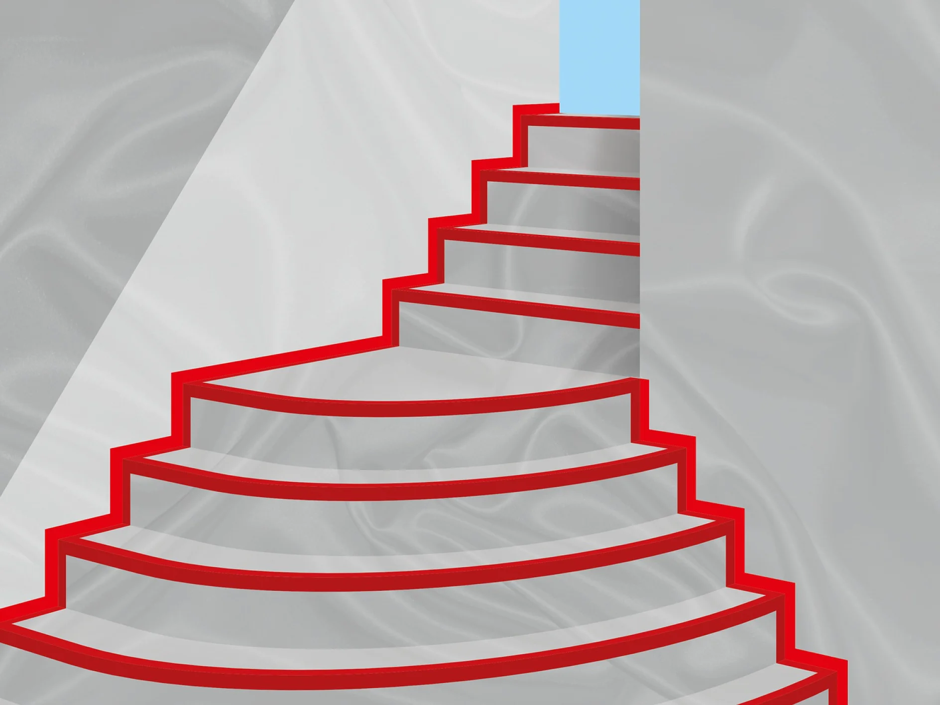 An abstract staircase with red outlines, ascending through a light gray space toward a bright blue area at the top, possibly representing a sky or distant horizon. (This text has been generated by AI)