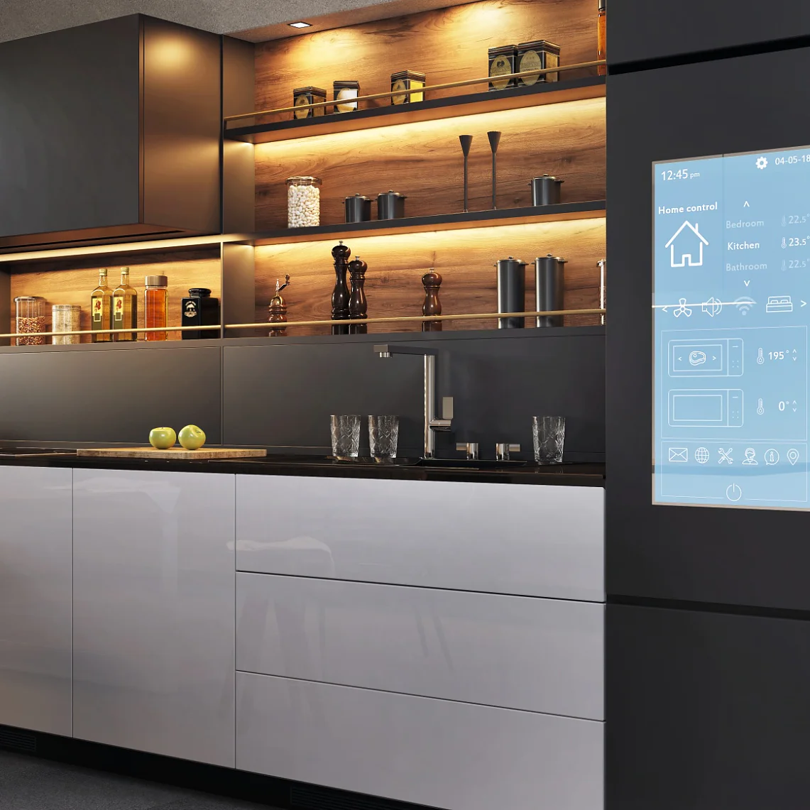 Smart home control panel in a modern kitchen