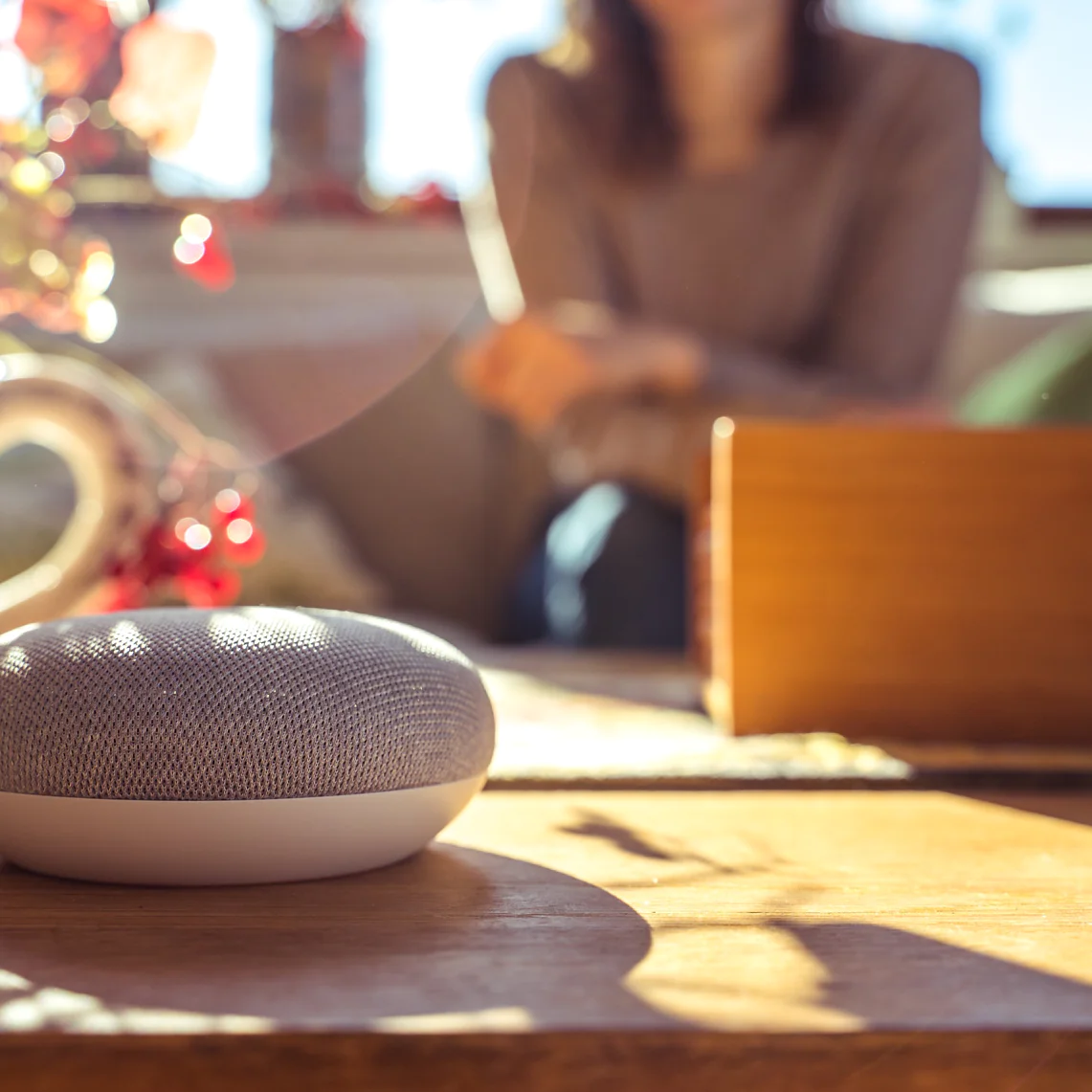 voice controlled smart speaker in a interior home environment. Smart home ai concept