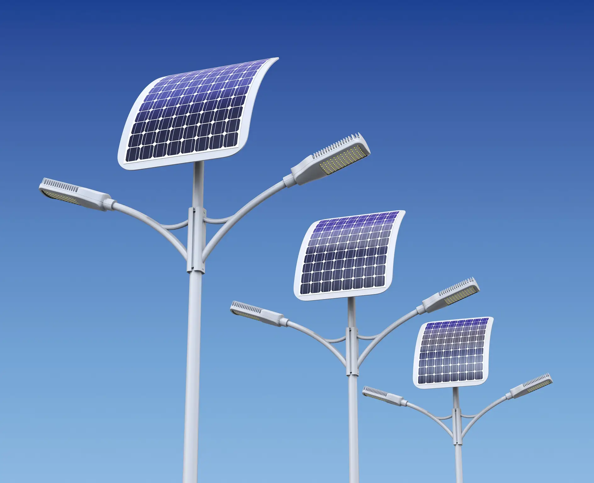 Row of LED street lamp with solar panel