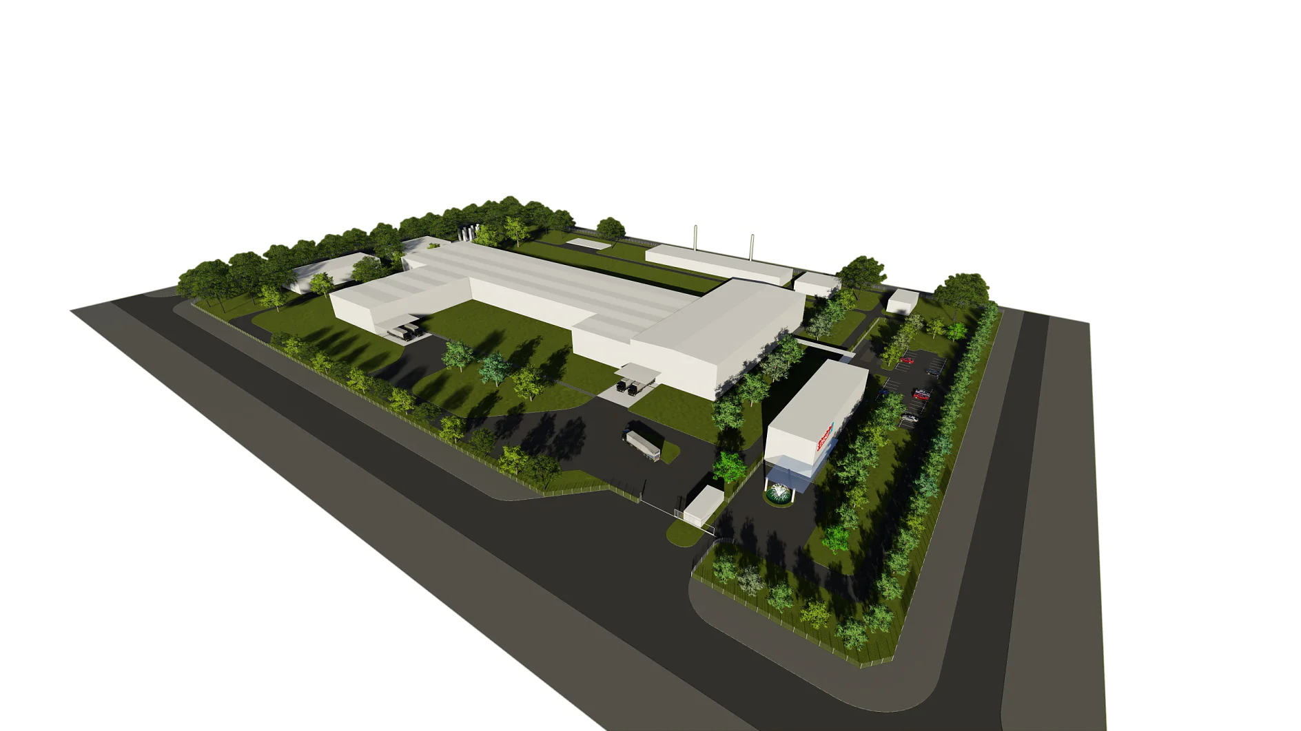 Certainly, here is the revised text: A 3D rendering of a large industrial building surrounded by trees and roads. The building has a flat roof and is situated in the center, with parking areas and driveways. Green space and landscaping are visible throughout the property.