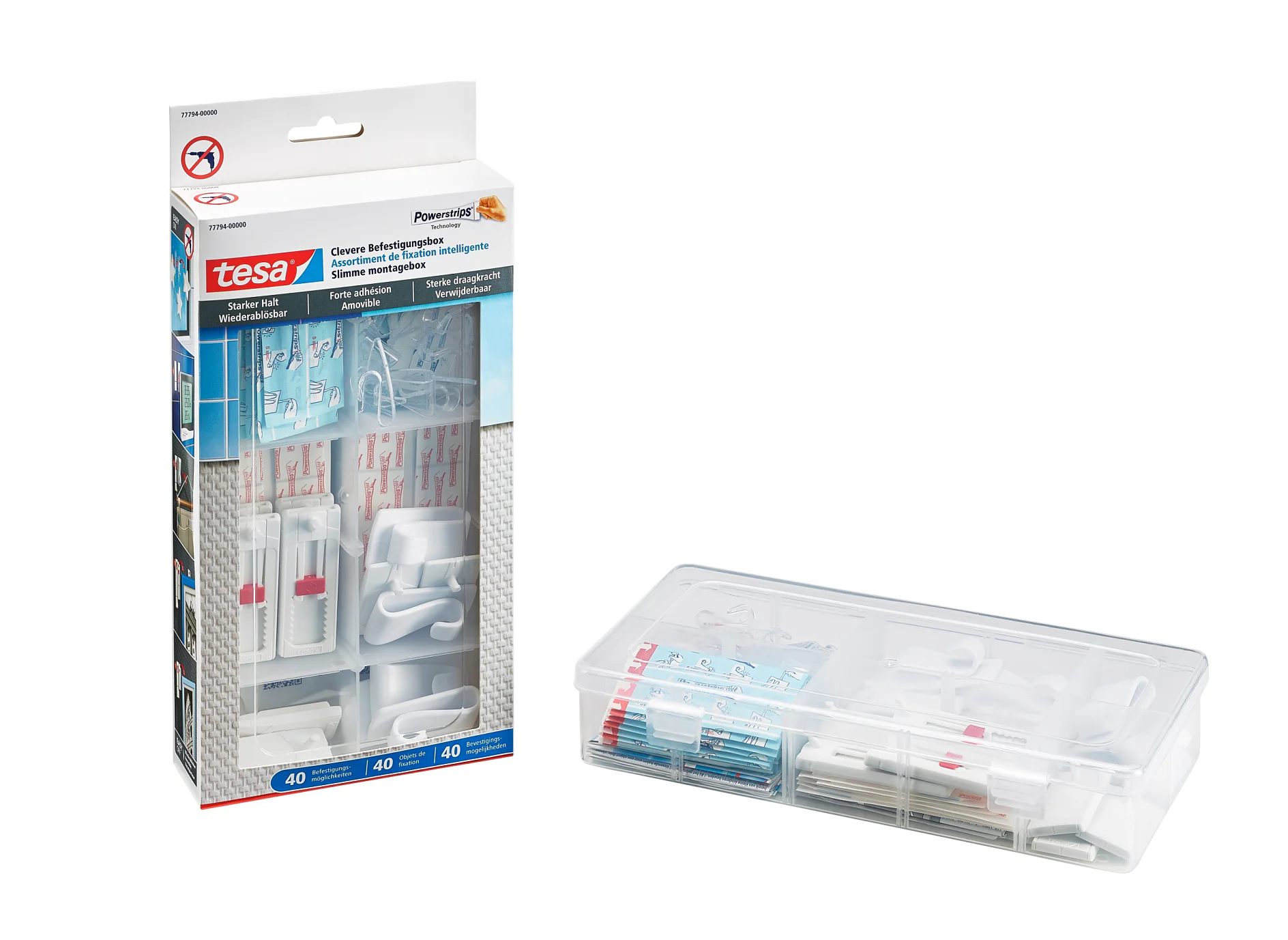 Packaging and contents of a tesa tape hanging kit. The box displays illustrations of various hooks and adhesives, while the open case reveals the actual components organized neatly inside, including strips and hooks, against a white background. (This text has been generated by AI)