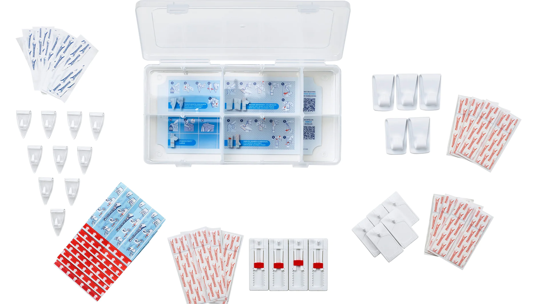 A white plastic organizer box containing medical or laboratory items, surrounded by groups of individually packaged components such as tesa tape, test strips, lancets, and bandages. The items are neatly arranged around the box. (This text has been generated by AI)