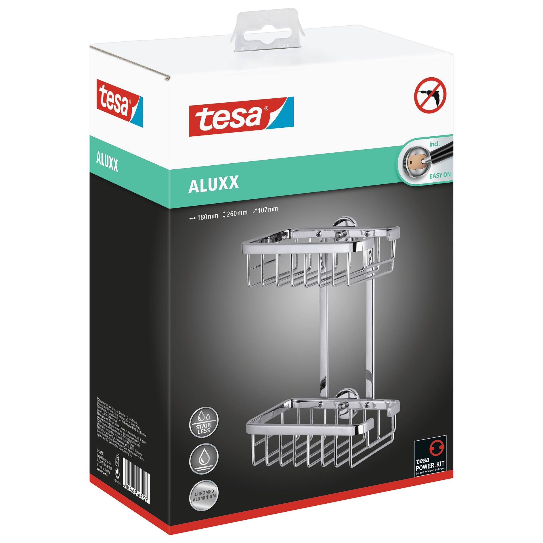 tesa® ALUXX Corner Shower Caddy, Self-Adhesive, Chromed Aluminium
