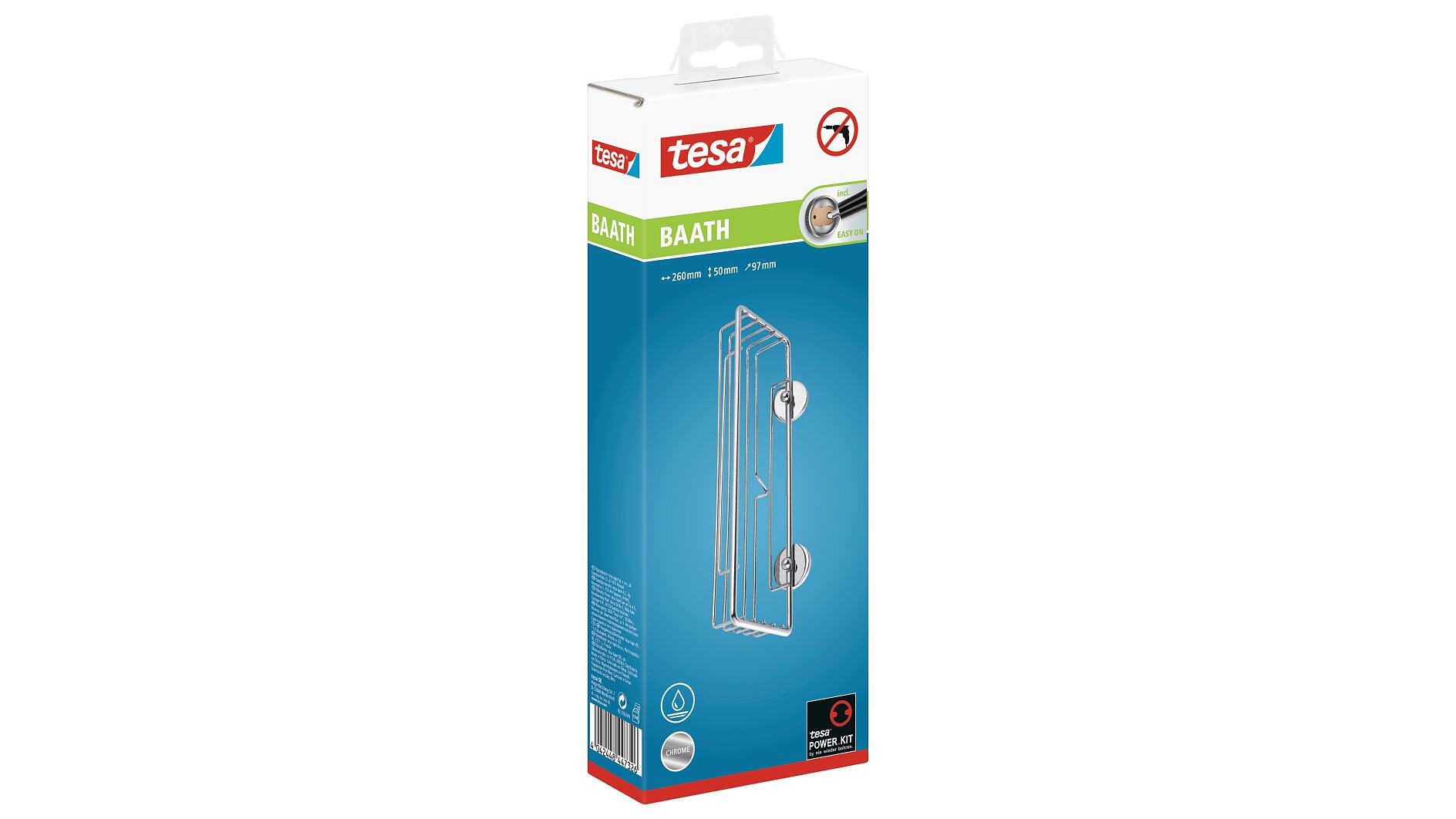 tesa® Baath Stick-On Shower Caddy, Self-Adhesive, Chromed Metal - tesa