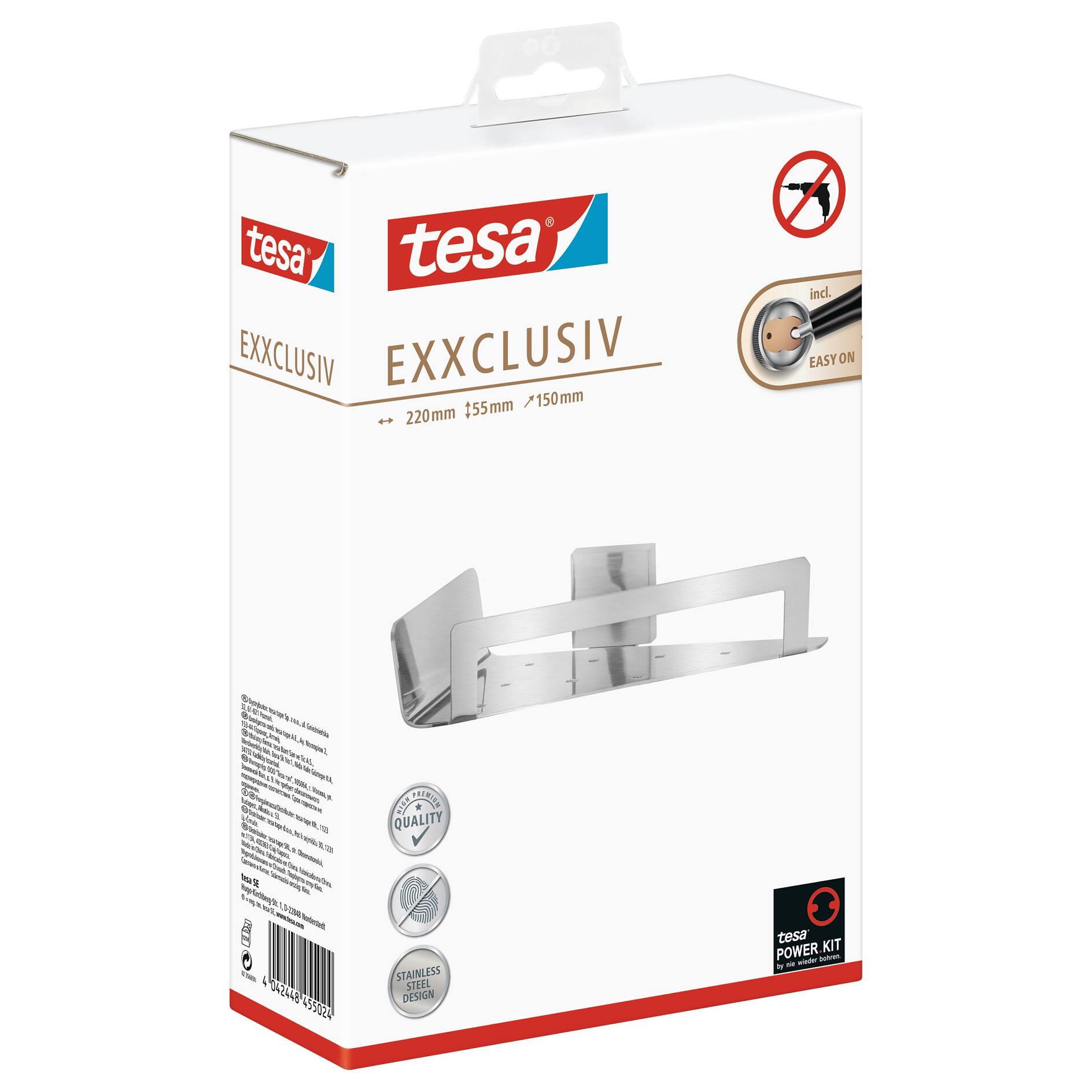 tesa® Baath Stick-On Shower Caddy, Self-Adhesive, Chromed Metal - tesa