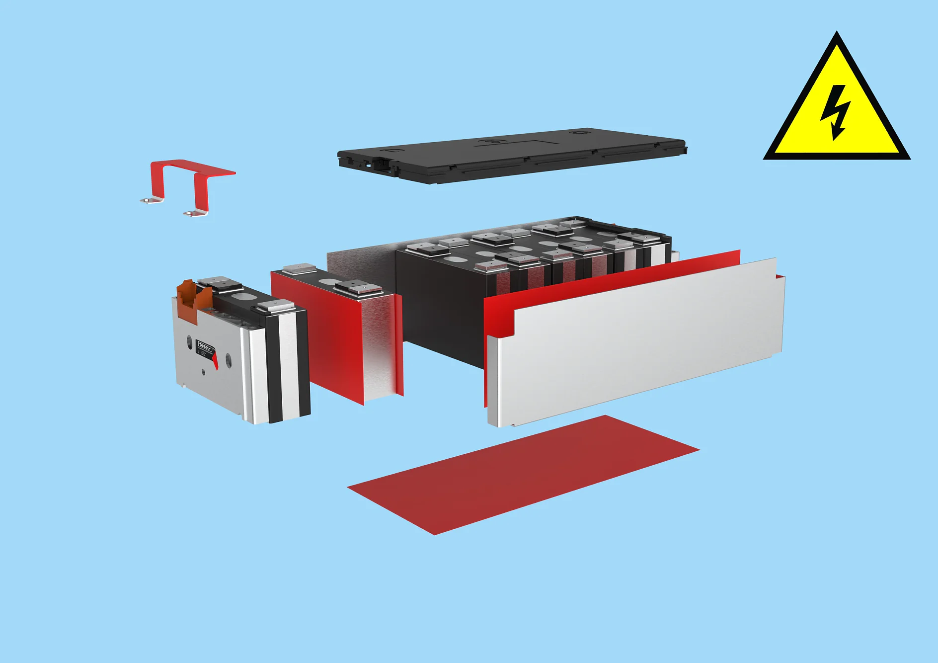 Exploded view of a battery pack on a blue background, showing individual components like cells, connectors, and casing held in place with tesa tape. A high-voltage warning symbol is displayed in the upper right corner. (This text has been generated by AI)