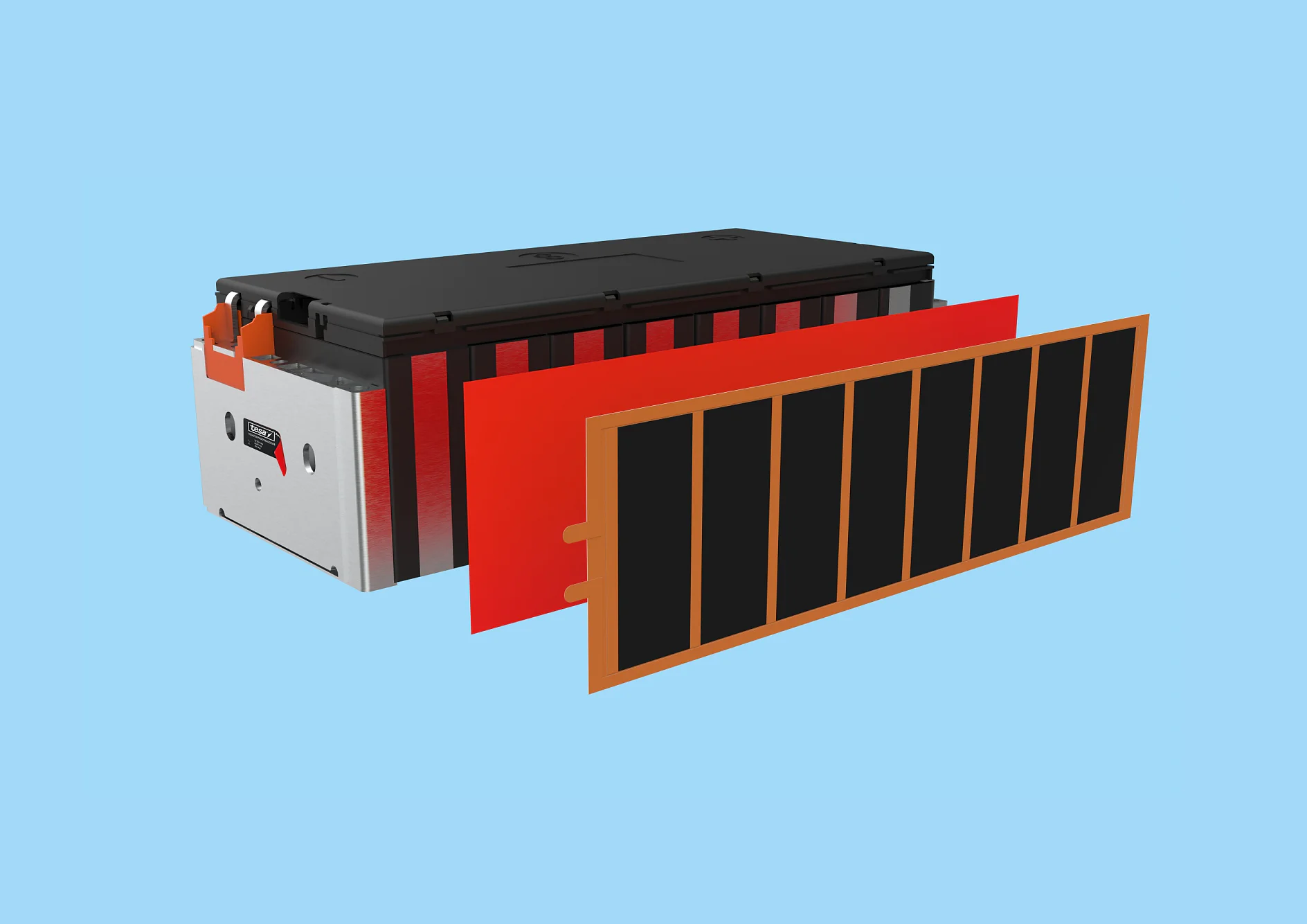 A lithium-ion battery pack with its components displayed separately. The image shows a rectangular battery housing, an orange tesa tape insulating layer, and a black and orange internal panel, all set against a light blue background. (This text has been generated by AI)