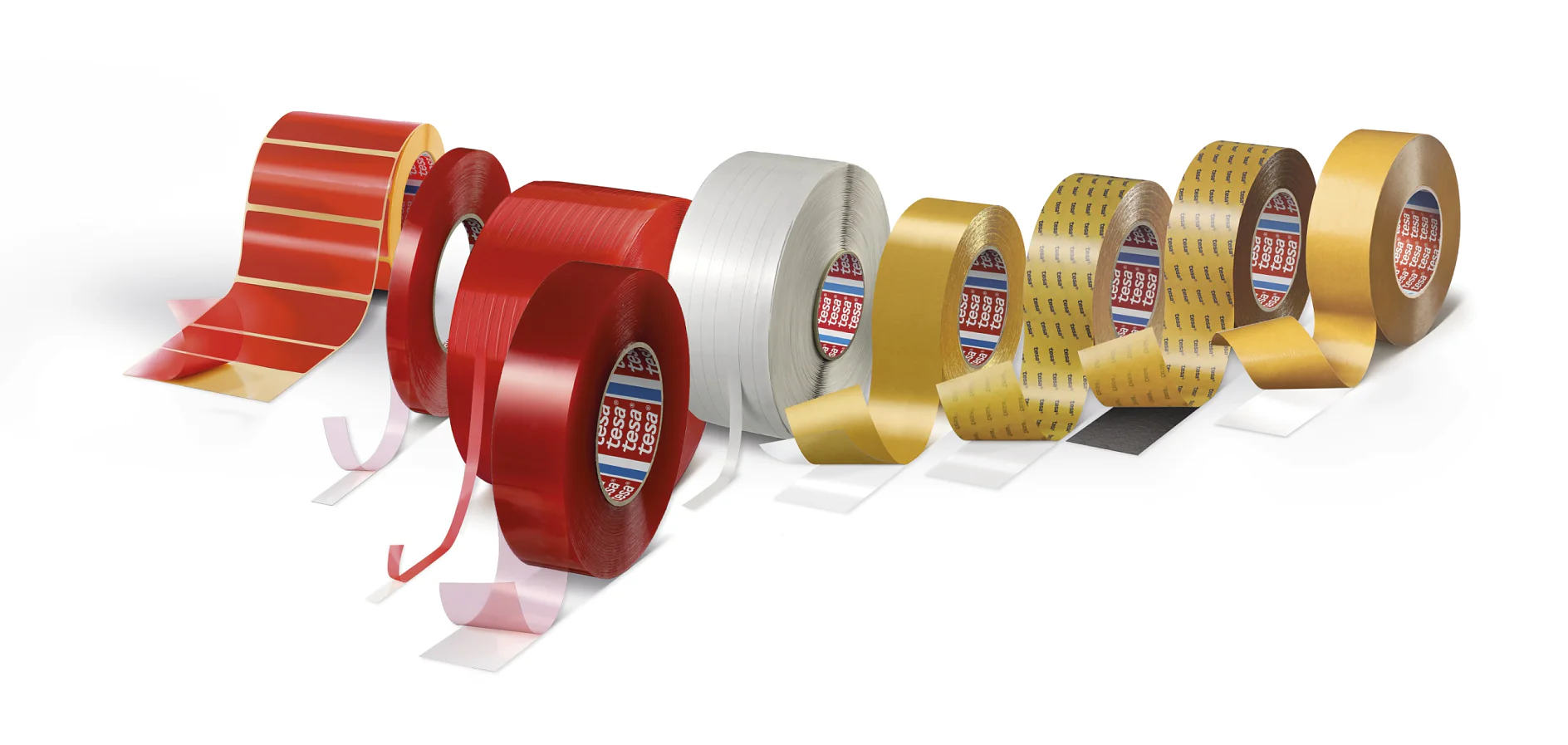 Various rolls of adhesive tesa tape are displayed in a line. The tesa tapes are different colors and widths, including red, white, and gold. Some have patterns or perforations. The rolls are shown at an angle on a white background. (This text has been generated by AI)