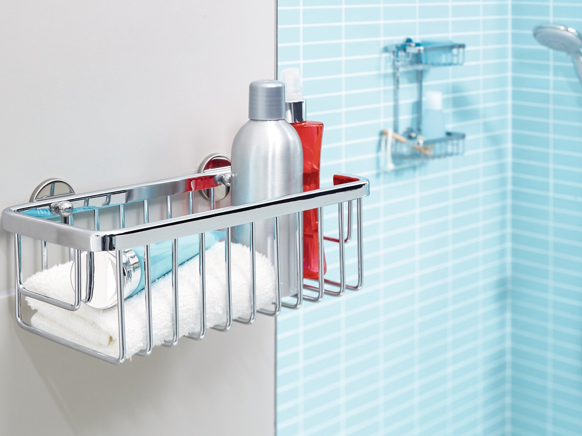 Fineget Large Shower Caddy Shelf Organizer Bathroom Kitchen Self Adhesive  Wall Plastic Shower Shelves Stick On Basket No Drilling for Shower Spice