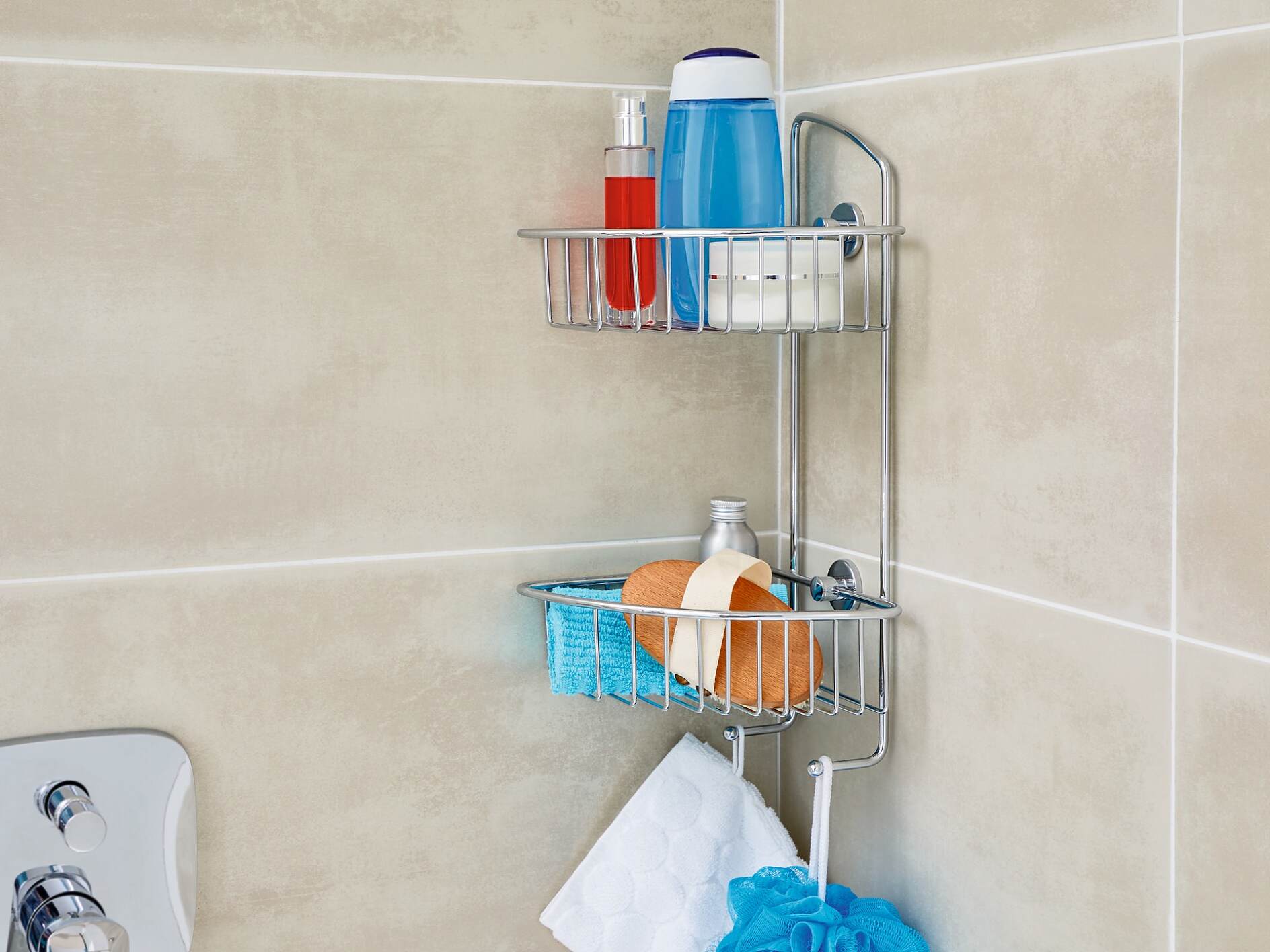 tesa® DRAAD Bathtub Corner Shelf, Self-Adhesive, Chromed Brass - tesa