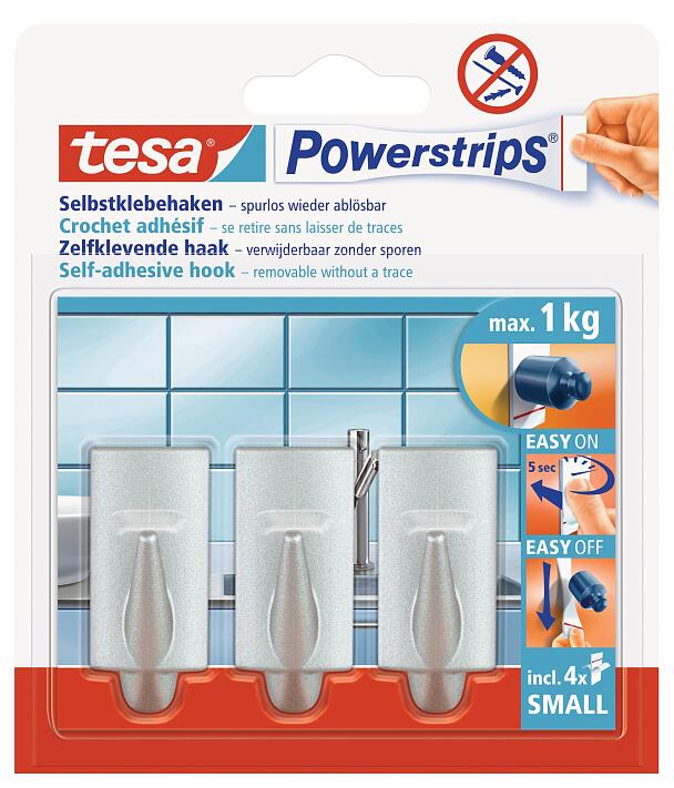 TESA power strips HOOK ADHESIVE CHROME Removable Hooks 57543 3 pcs Max 0,75kg
