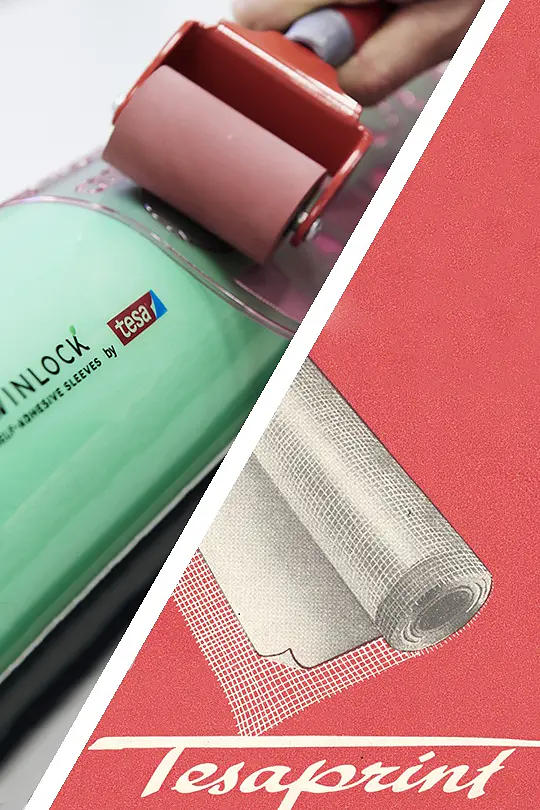 A person uses a red roller on a cylindrical surface labeled tesa tape. The image is split diagonally; the right side shows a green and white graphic with the word tesaprint and an illustration of rolled-up fabric. (This text has been generated by AI)
