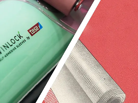 A person uses a red roller on a cylindrical surface labeled tesa tape. The image is split diagonally; the right side shows a green and white graphic with the word tesaprint and an illustration of rolled-up fabric. (This text has been generated by AI)