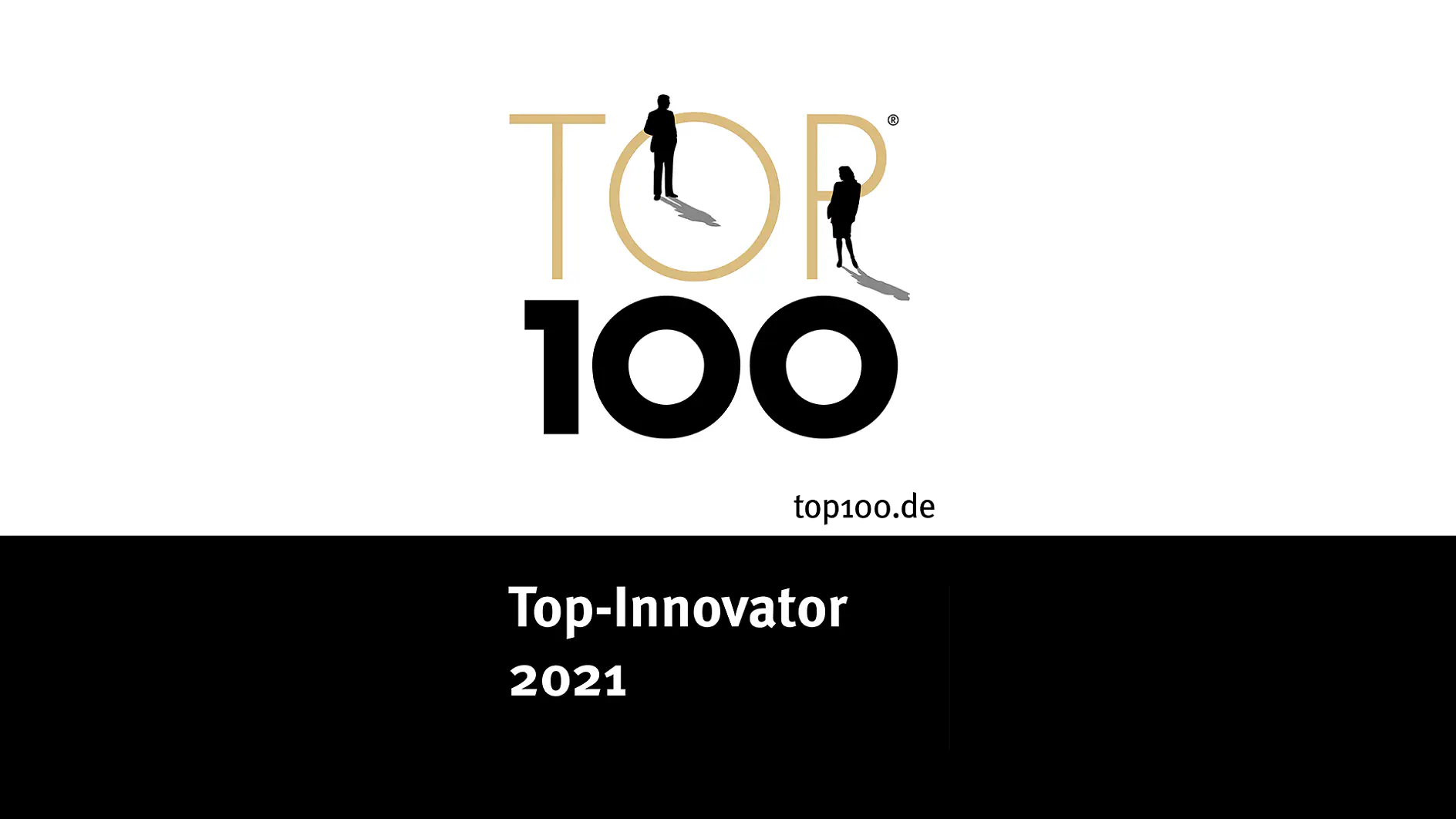 The image displays a logo with the text TOP 100 featuring silhouettes of two people, one in black and one in white. Below, it reads top100.de and Top-Innovator 2021 on a black background.