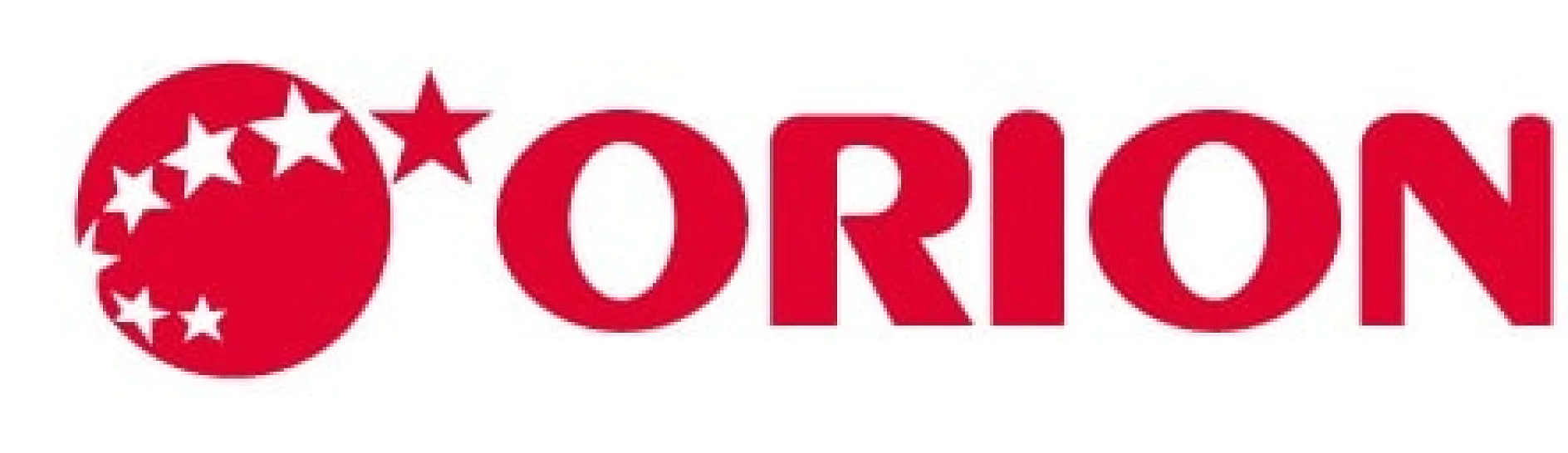 The image shows the Orion logo, featuring the brand name ORION in red capital letters. Next to the name is a red circle with four white stars inside, accompanied by an additional large red star on the upper right side of the circle, all attached using tesa tape. (This text has been generated by AI)