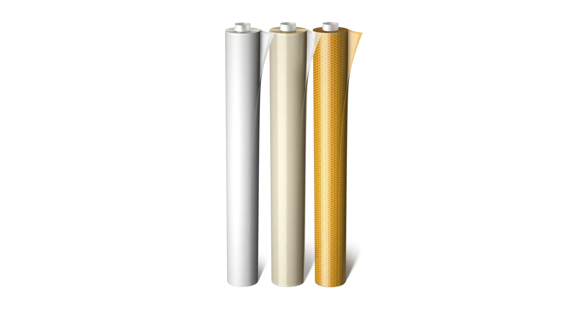 Three rolls of wrapping paper stand upright side by side, held together with tesa tape. The papers are in white, light yellow, and gold with a subtle dotted pattern. The rolls are positioned against a plain white background. (This text has been generated by AI)