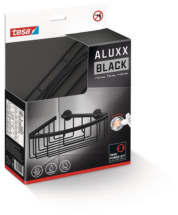 tesa® ALUXX Black Corner Basket, Self-Adhesive, Anodized Aluminium