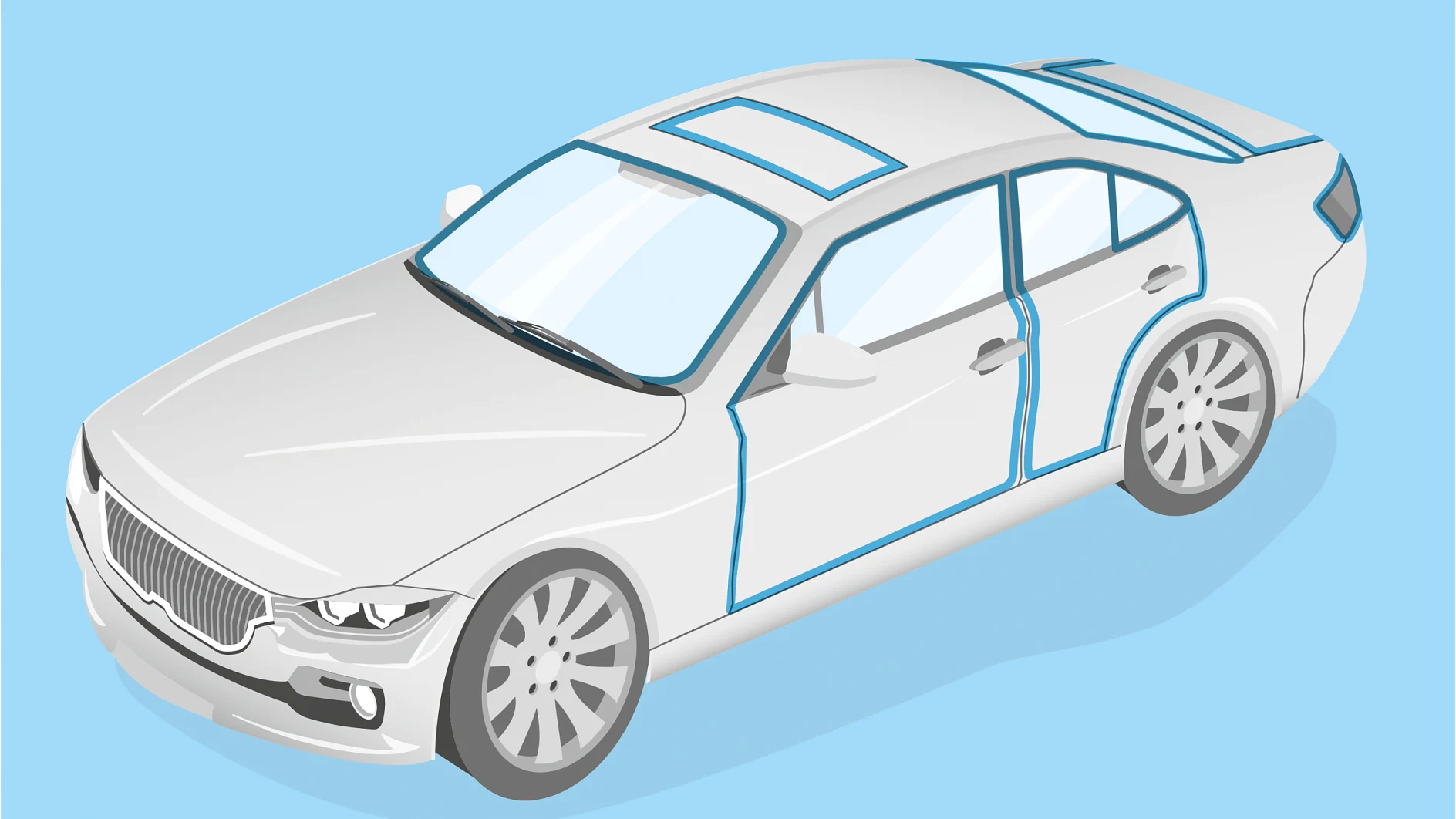 Illustration of a white sedan car on a light blue background. The vehicle features outlined details, including a sunroof and side mirrors. The wheels are stylized with a silver finish, and the windows and grille are accented in blue. (This text has been generated by AI)