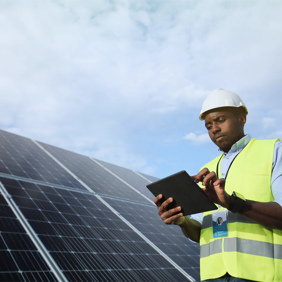 Solar engineer in front of generation 1 panel