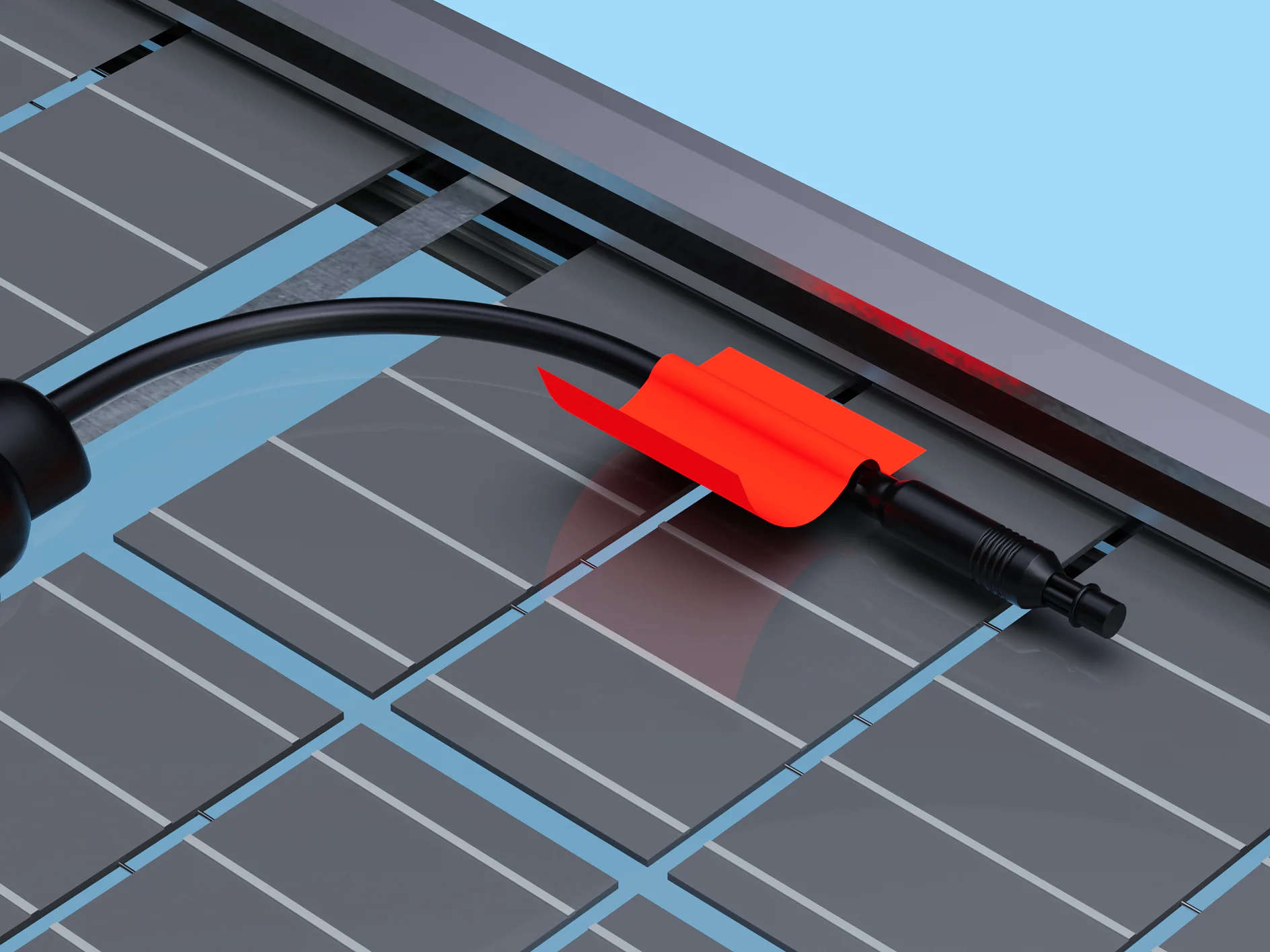 Close-up of a solar panel with a black electrical connector and a red clip attached to one of its cables using tesa tape. The panel features multiple rectangular photovoltaic cells arranged in rows. The background is a plain light blue. (This text has been generated by AI)