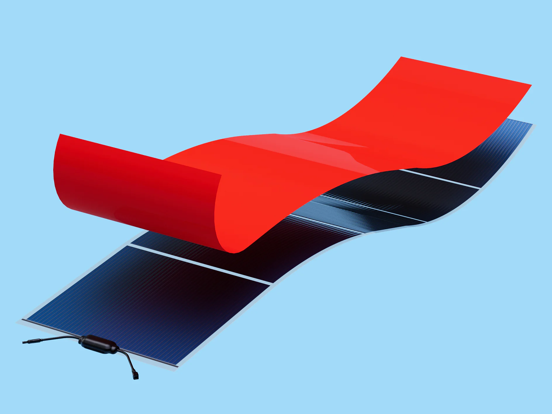 A flexible solar panel with black photovoltaic cells is partially covered by a red, glossy sheet, creating a visual effect as if the sheet is peeling or being lifted using tesa tape. The setup is against a light blue background. (This text has been generated by AI)