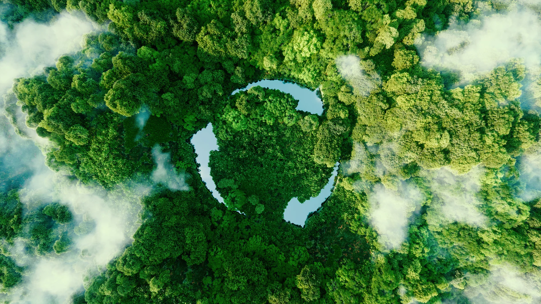 consciously sustainable Aerial view of a lush green forest with thick tree canopy, partially obscured by scattered white clouds. A circular clearing in the center reveals patches of blue water, creating a striking contrast against the vivid greenery. (This text has been generated by AI)