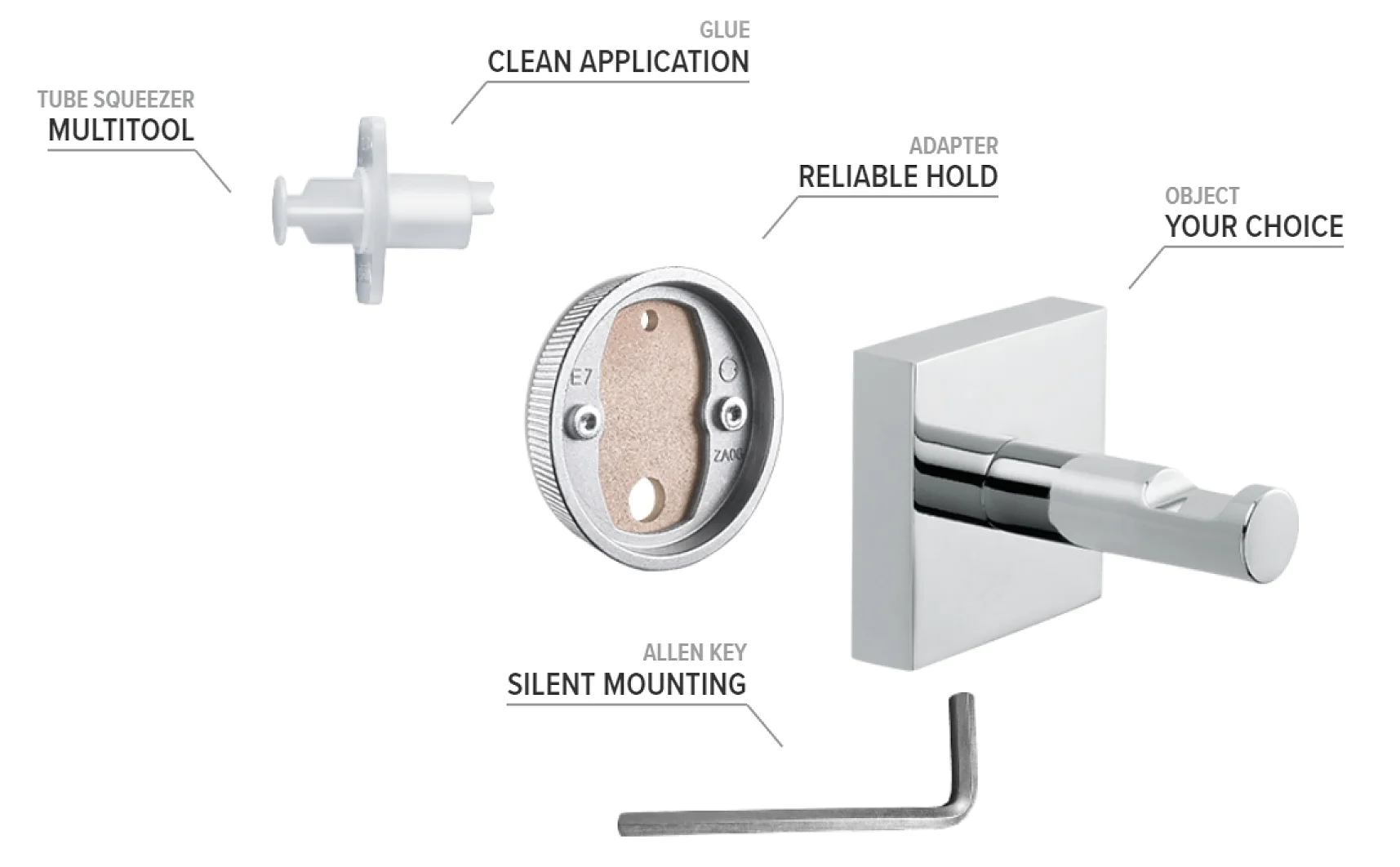 A hardware set is displayed, including a shiny silver wall hook labeled Your Choice, a round metal base labeled Reliable Hold, a multitool, an Allen key labeled Silent Mounting, and tesa tape labeled Clean Application. (This text has been generated by AI)