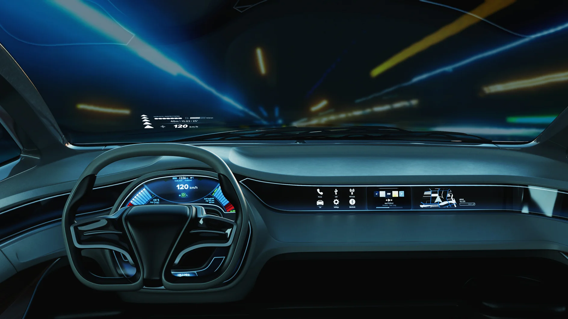 Futuristic car dashboard with a sleek design. A digital speedometer displays 120 km/h. The windshield shows illuminated speed lines, suggesting motion. The dashboard includes multiple screens with various controls and information, all seamlessly integrated using tesa tape for a clean and polished look. (This text has been generated by AI)