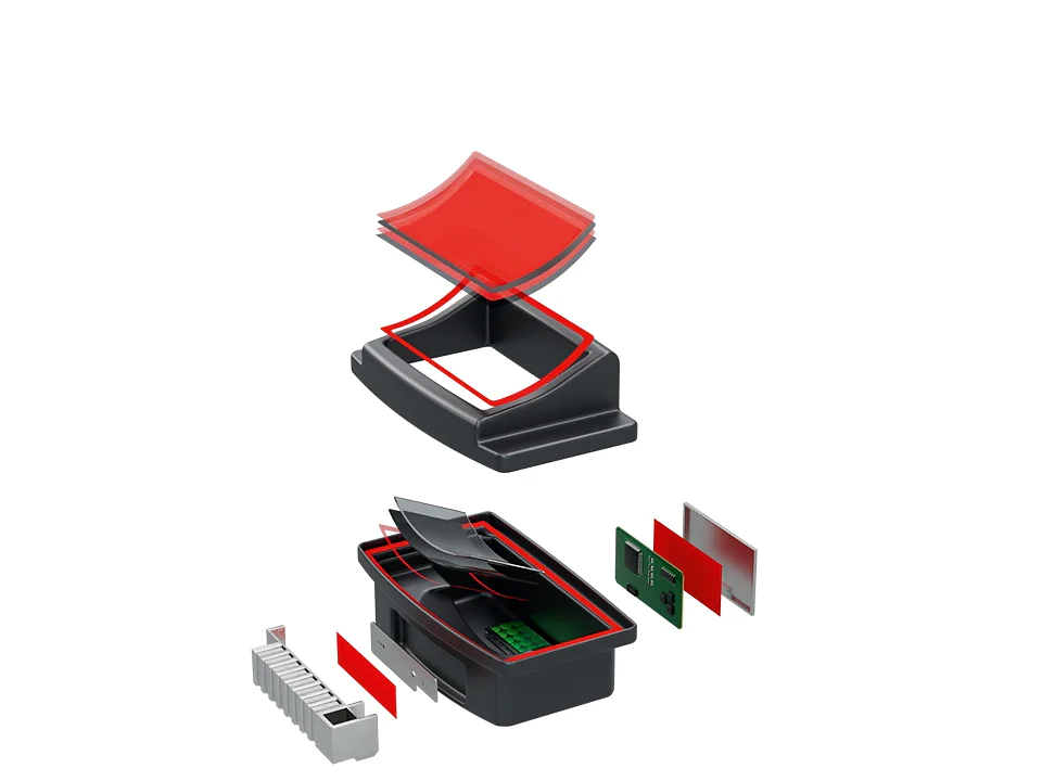 Diagram of a stamp with its components separated. The base, ink pad, and stamping surface are shown with a red color accent. Multiple parts, including a case and electronic components, are displayed in an exploded view with tesa tape used to highlight connections and secure elements in place. (This text has been generated by AI)