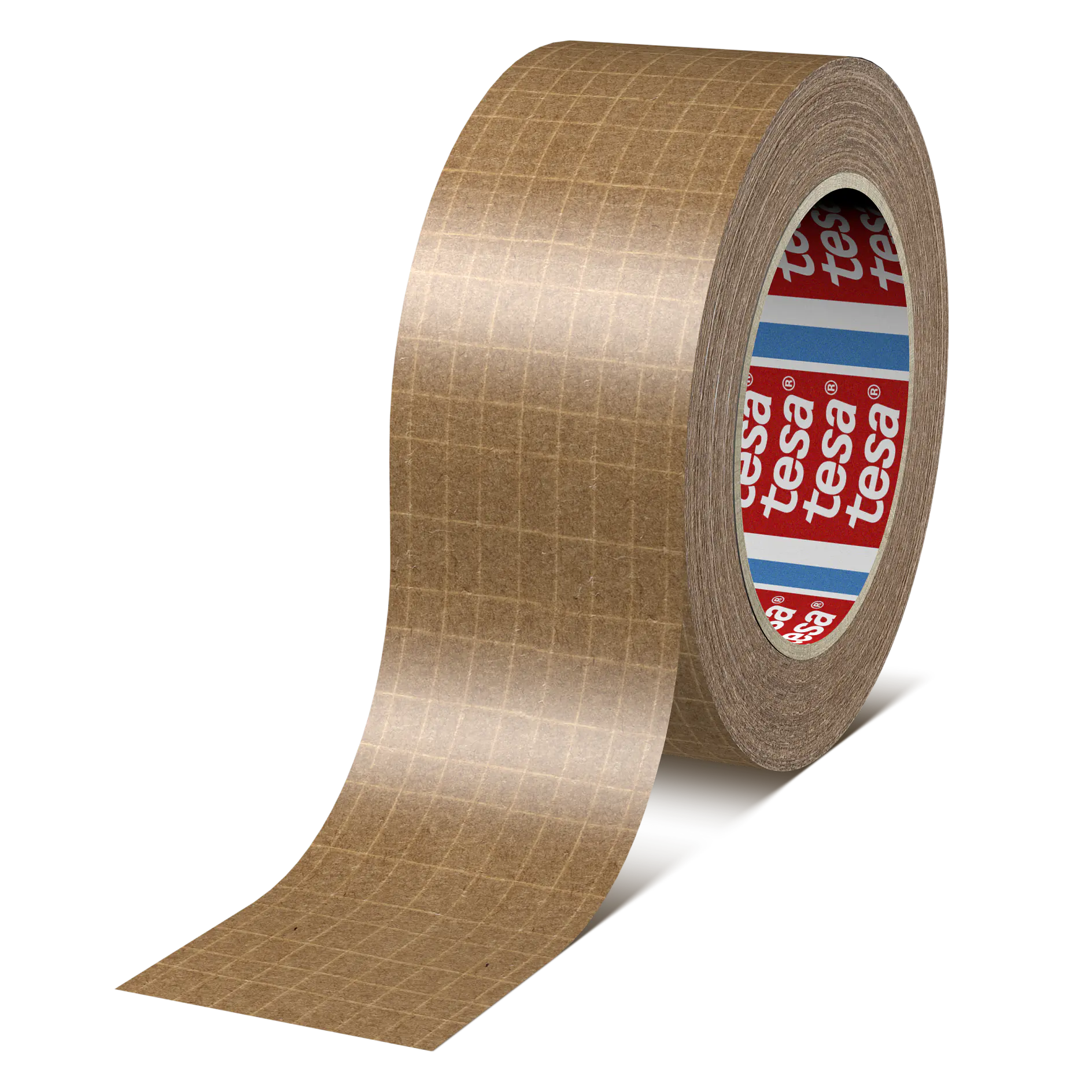A roll of brown adhesive tesa tape with a grid pattern on the surface, partially unrolled and standing upright. The inner core of the roll is branded with the name tesa repeated on a red and blue background. (This text has been generated by AI)