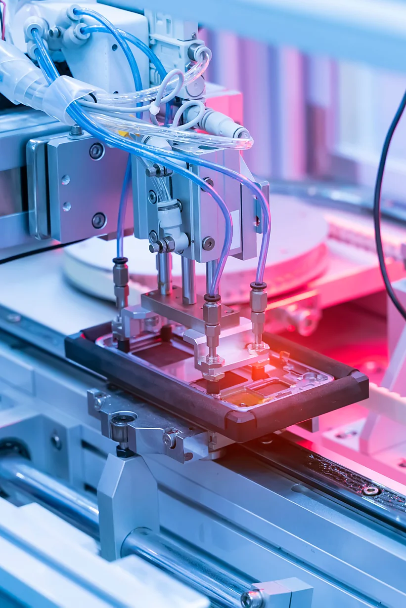 A robotic arm operates on an electronic device in a manufacturing facility. The setting is highlighted with pink and blue lights, showcasing precision machinery used in automated production processes. Various cables, mechanical parts, and rolls of tesa tape are visible. (This text has been generated by AI)