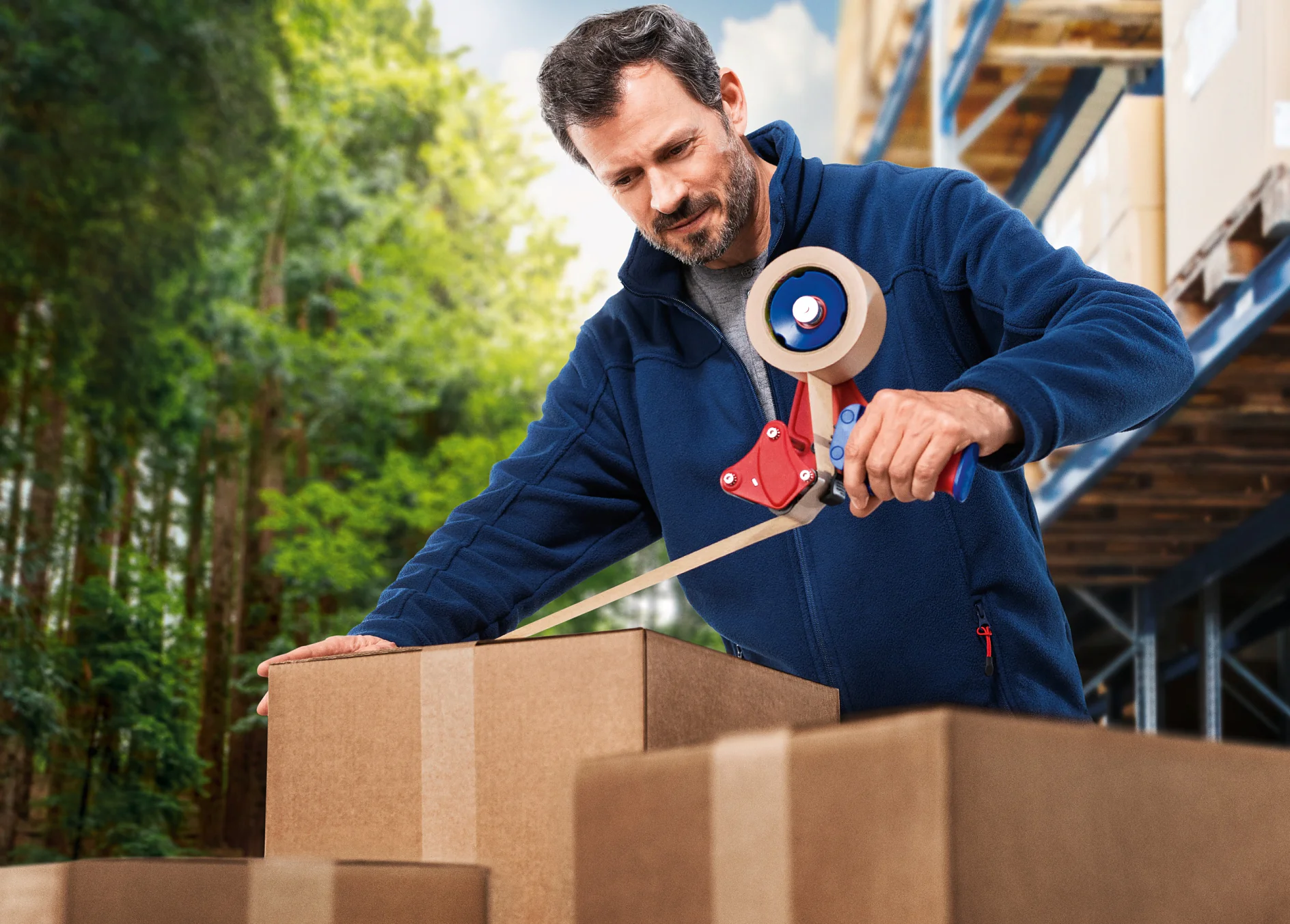 tesapack-paper-ultra-strong-ecologo_ap_001-Print A man wearing a blue jacket is sealing a cardboard box with tesa tape in a warehouse. Shelves with more boxes are in the background, and trees are visible through an opening, indicating an outdoor area nearby. (This text has been generated by AI)