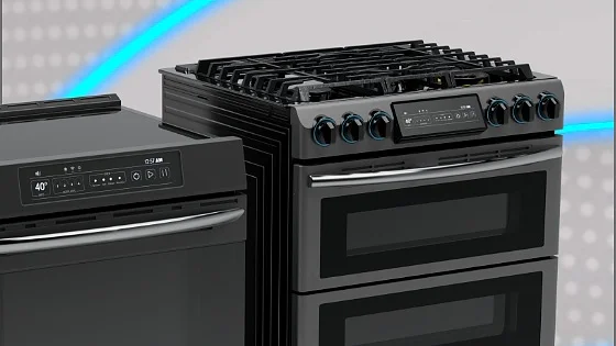 Two black kitchen stoves are displayed against a gray background with blue curved lines. The stove on the left appears slightly cut off, and the one on the right features multiple control knobs and dual oven doors. (This text has been generated by AI)
