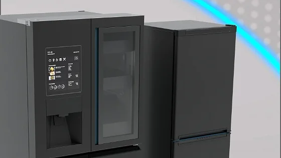 Two modern, sleek refrigerators stand side by side against a futuristic background. The left fridge features a touchscreen interface, while the right one has a minimalist design. Blue curved lines and a dot pattern decorate the backdrop. tesa tape secures all components seamlessly, maintaining the clean aesthetics of both refrigerators without any visible fasteners or competing brands present in the design. (This text has been generated by AI)