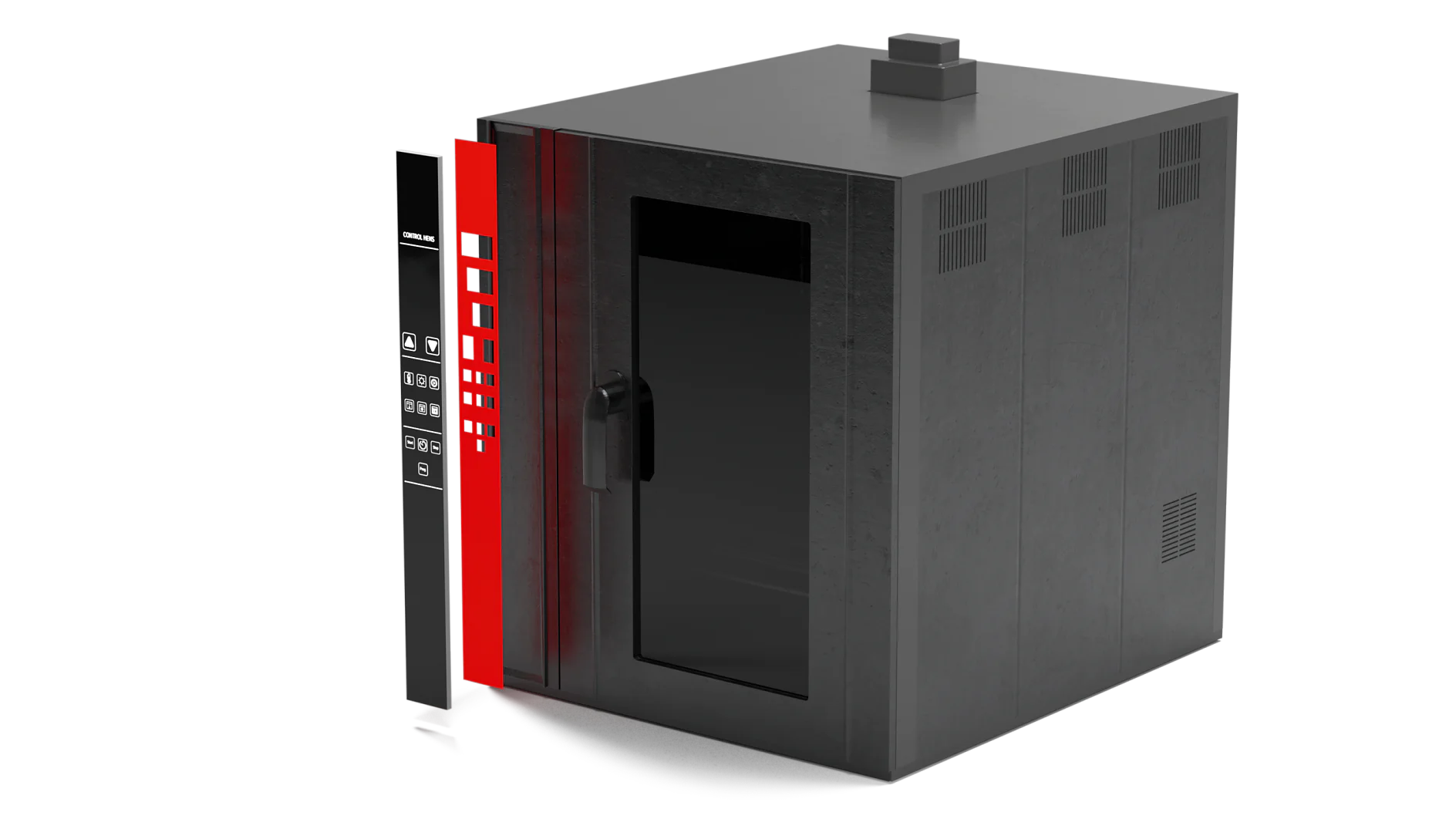 A large, rectangular black oven with a glass door and a vertical red and black control panel on the left side. The oven has vents on the top and sides, and a handle on the door for opening. (This text has been generated by AI)