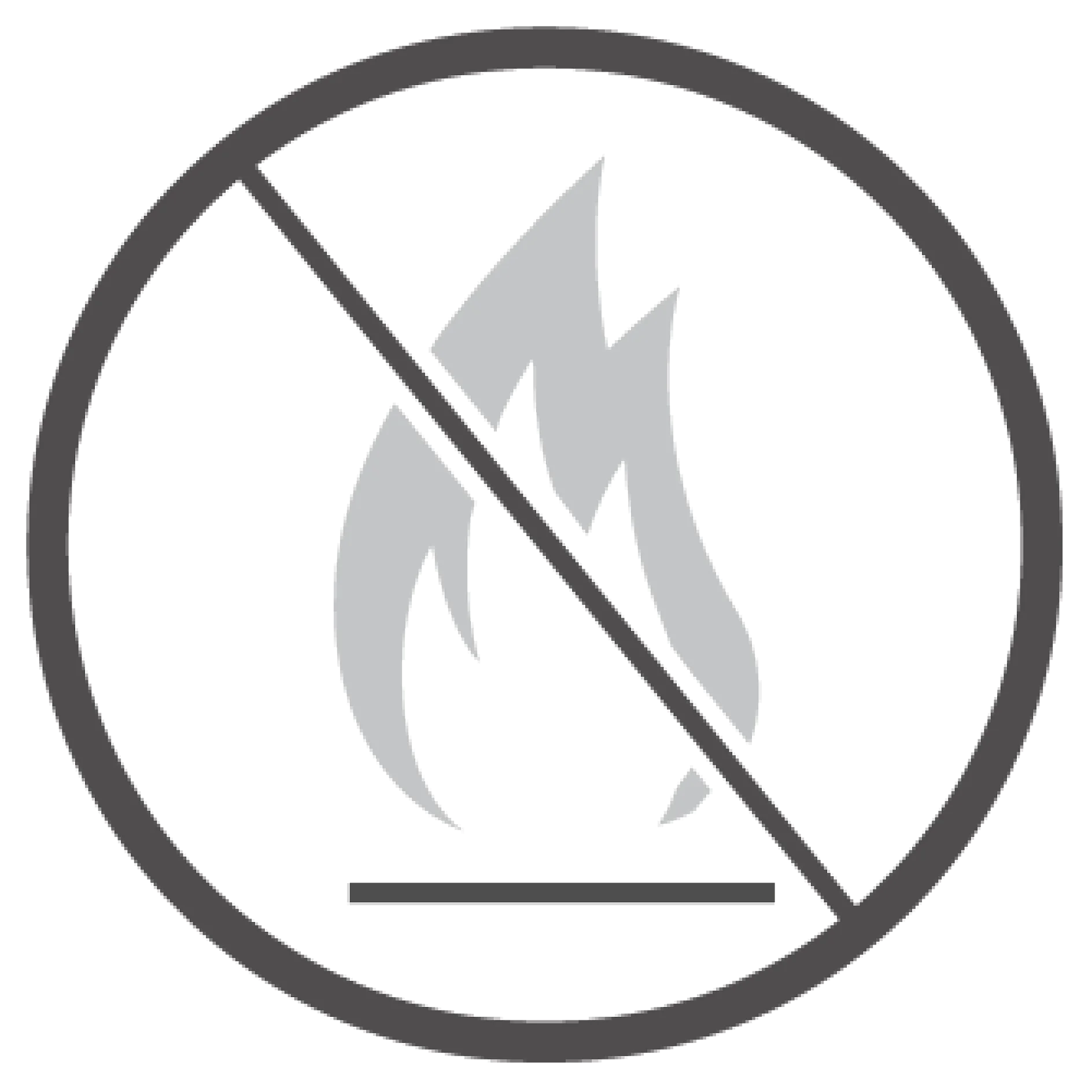 tesa_Icon_fire_resistant_transparent A circular symbol with a diagonal line through it, overlaying a flame icon, indicating a no fire or no open flames warning. (This text has been generated by AI)