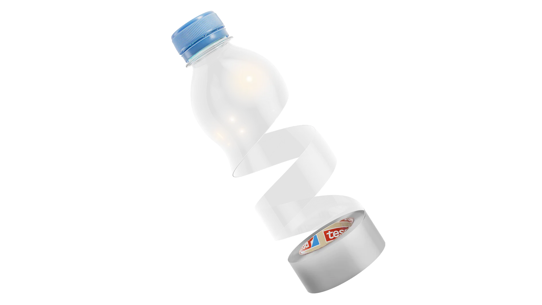 230523_tesa_eco_tesafilm_KV_Freisteller_ohne_Schatten A clear plastic bottle with a blue cap seems to be twisted into a spiral shape, set against a black background. The label is slightly visible at the bottom. (This text has been generated by AI)